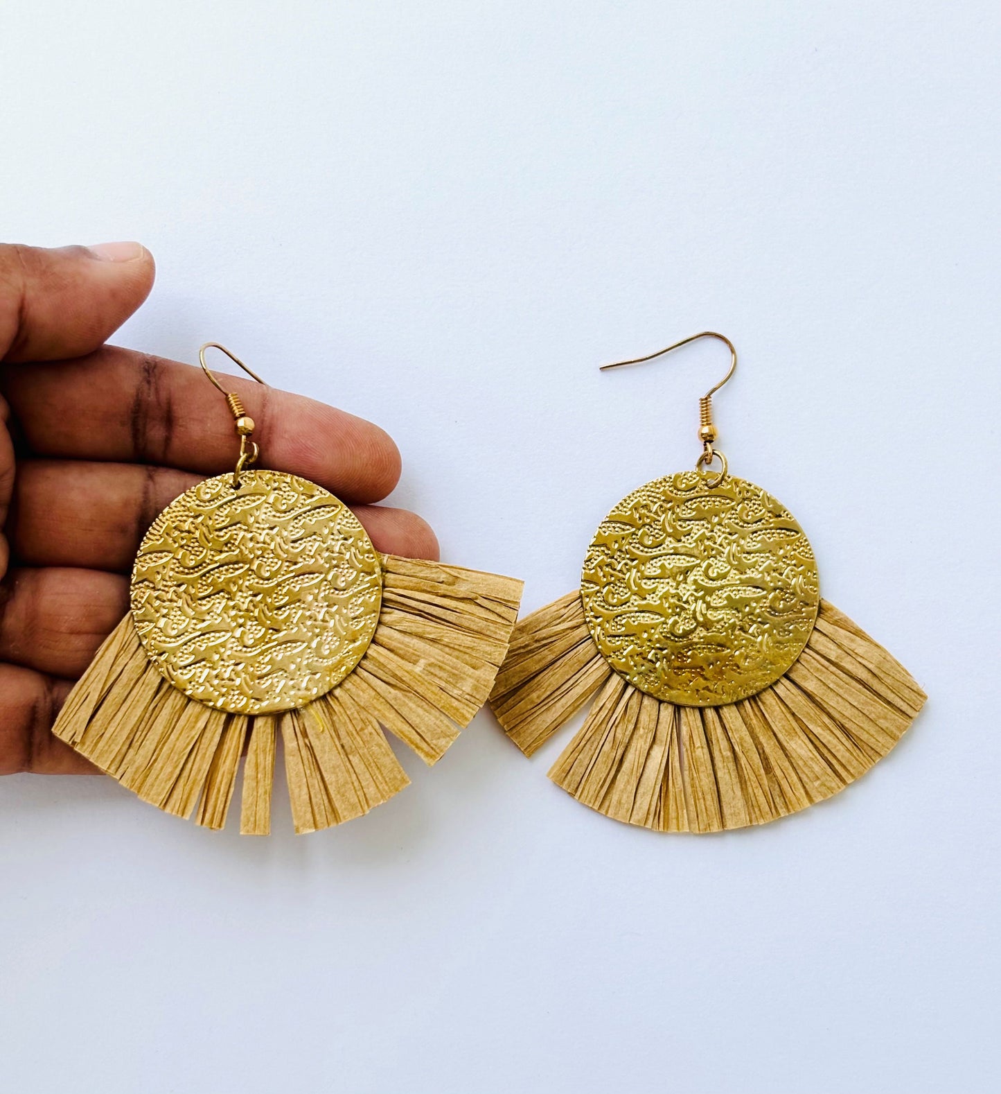 Bohemian Handmade Raffia Fan Tassel Earrings