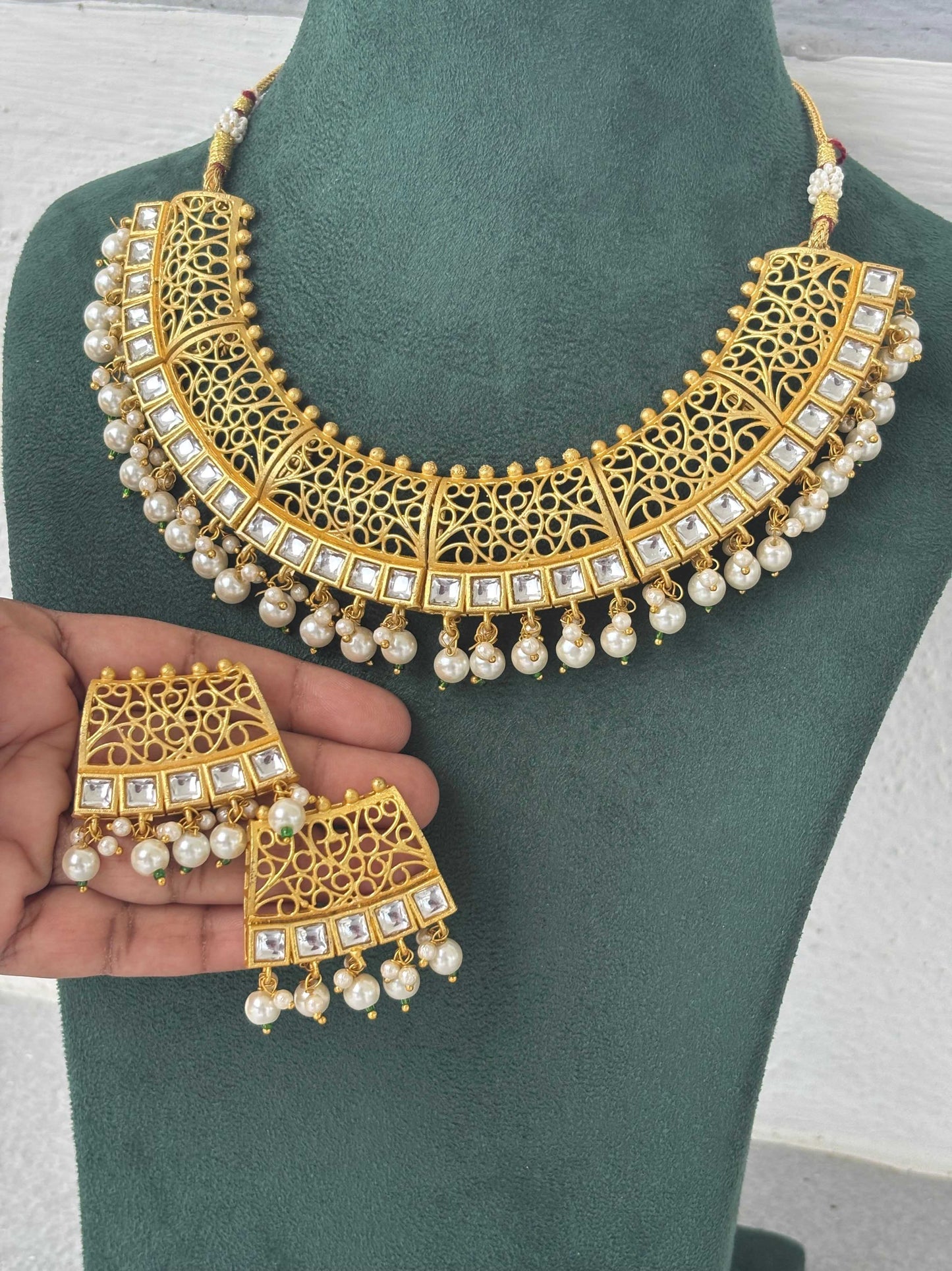 Kundan Choker Necklace Set with Jali Work and Pearls