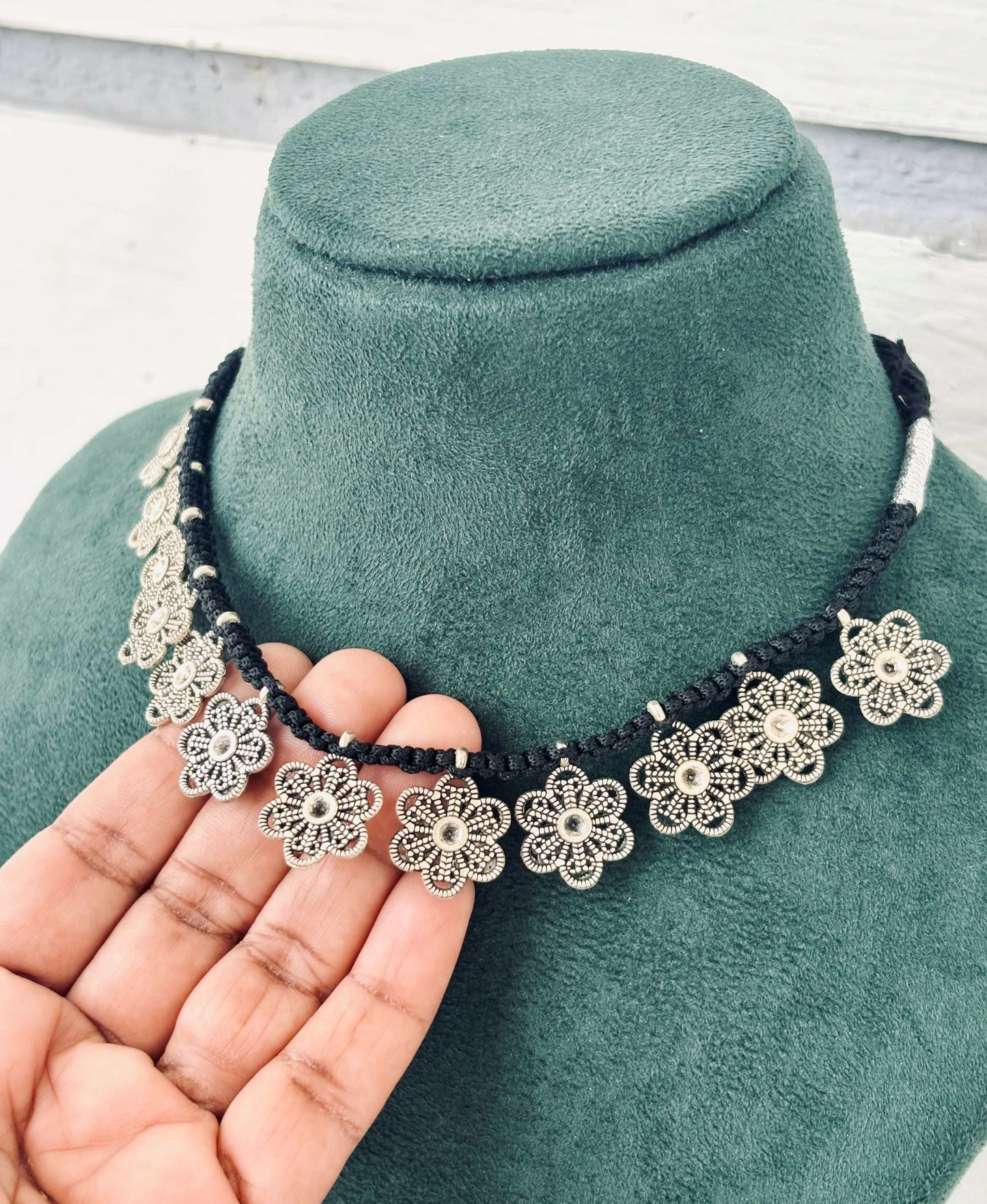 Oxidized Silver Flower Choker