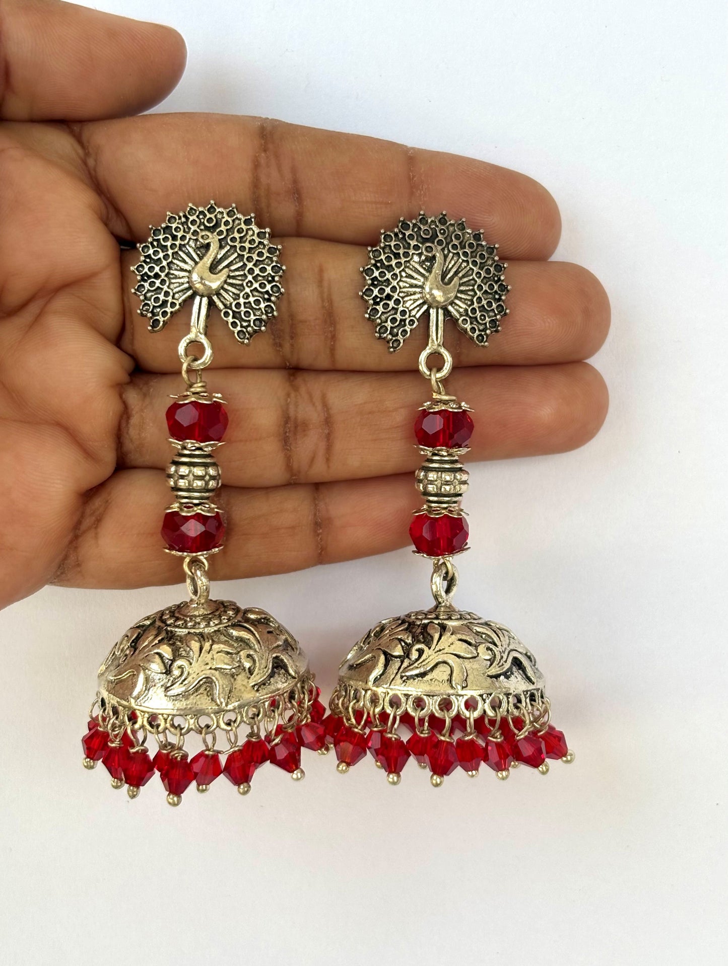 Peacock Jhumka Earrings with Red Crystal Beads