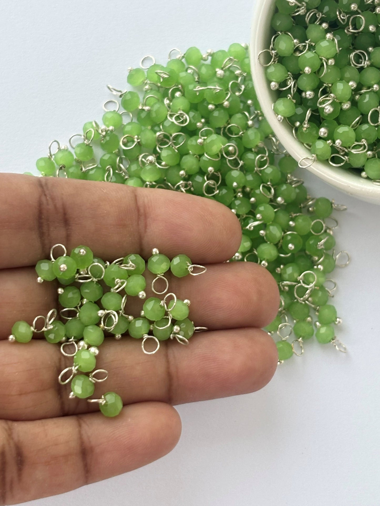 Faceted Light Green Bead Charms with Silver Wire
