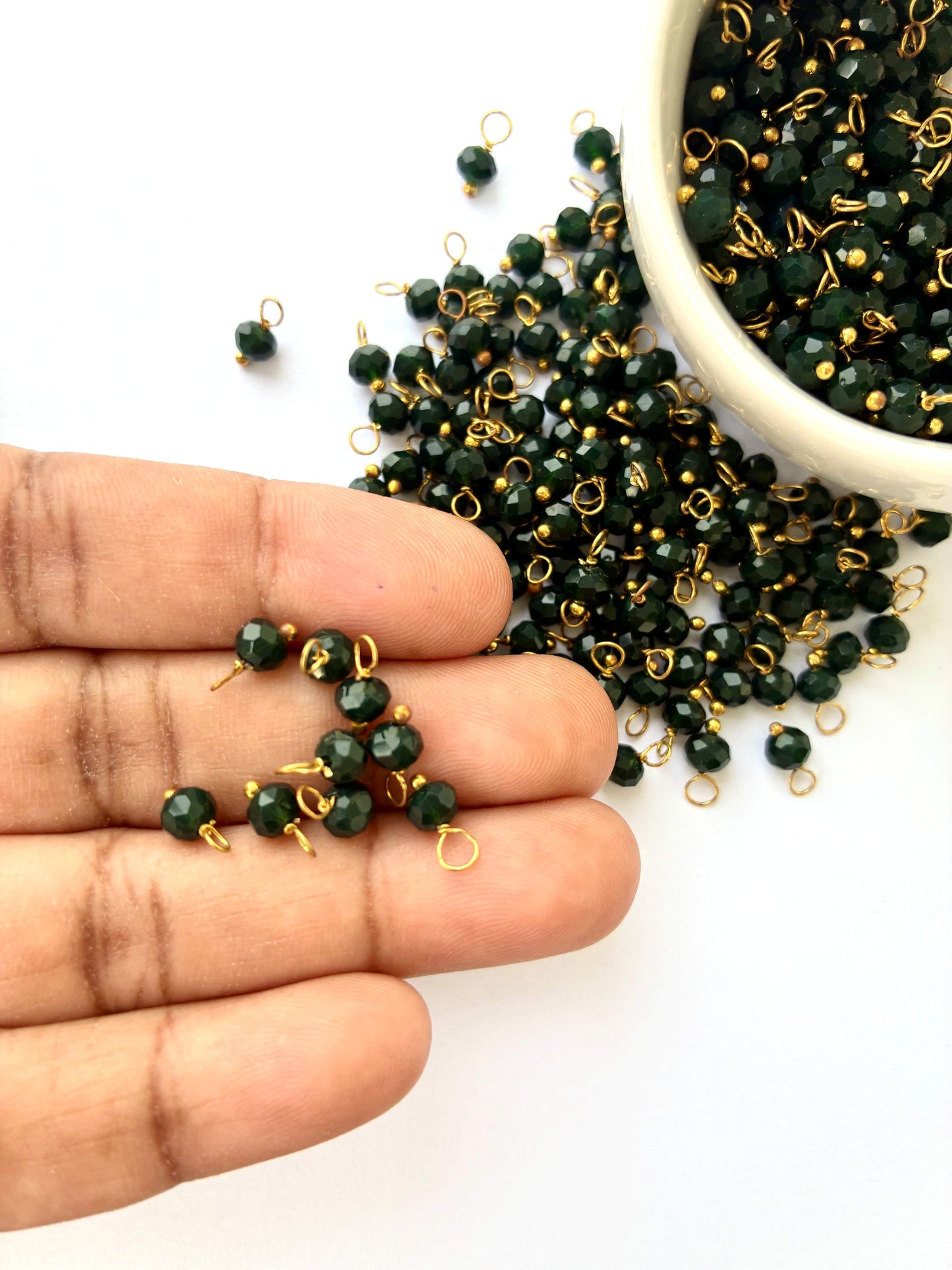 Faceted Bottle Green Bead Charms with Gold Wire