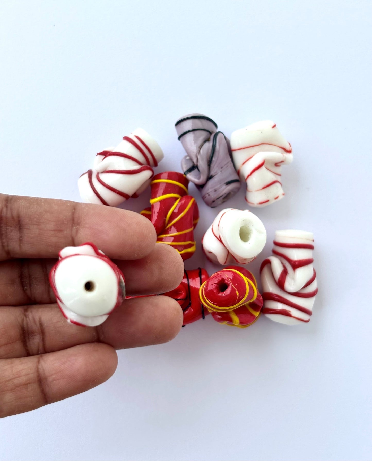 Red and White Glass Boxing Glove Beads