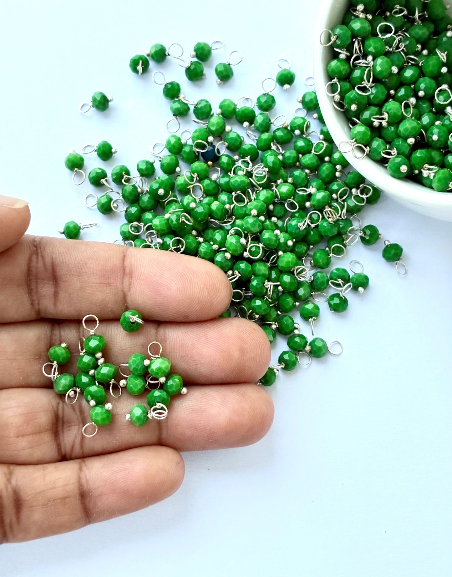 Faceted Kelly Green Bead Charms with Silver Wire