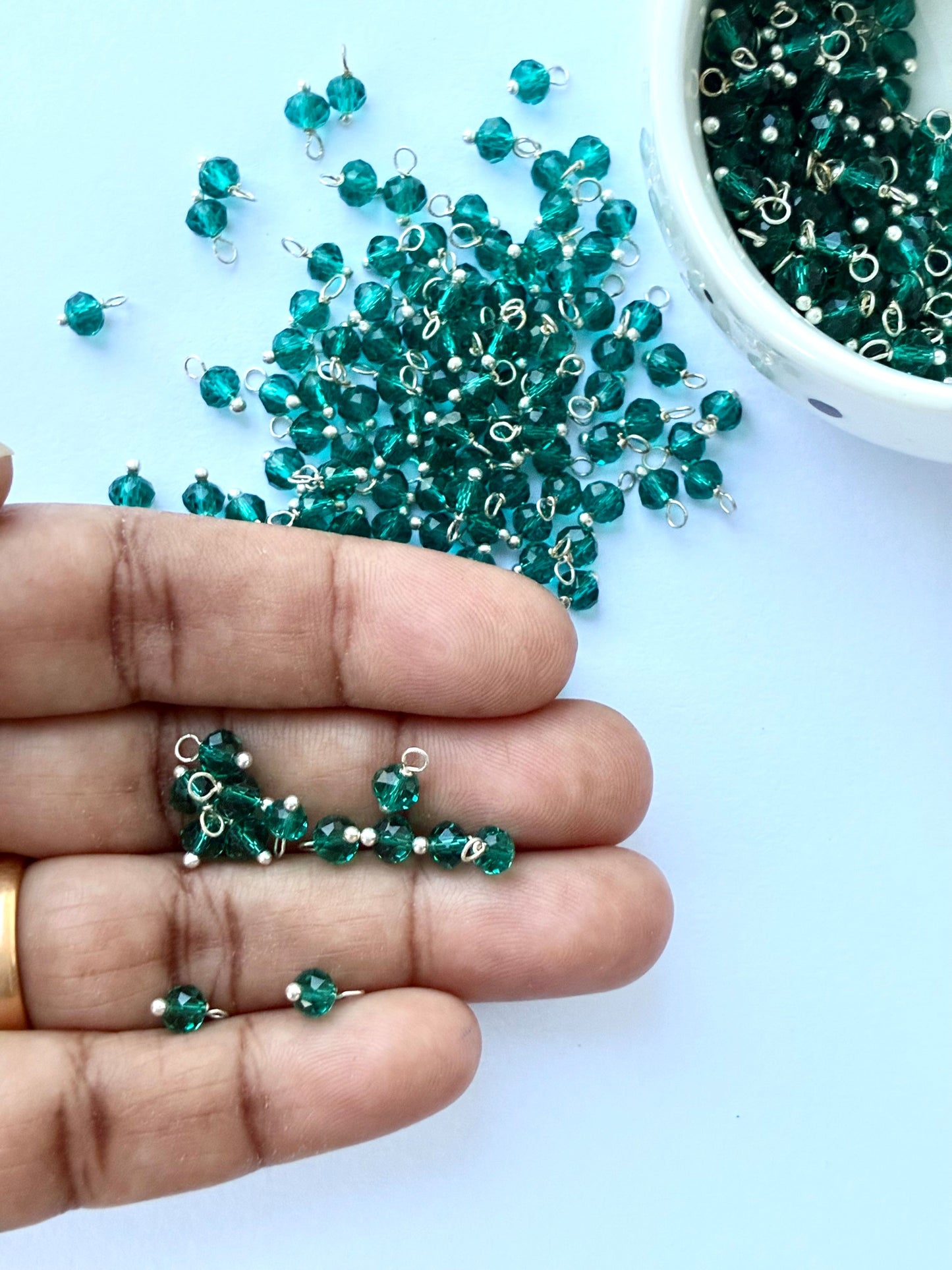 Faceted Transparent Teal Bead Charms with Silver Wire