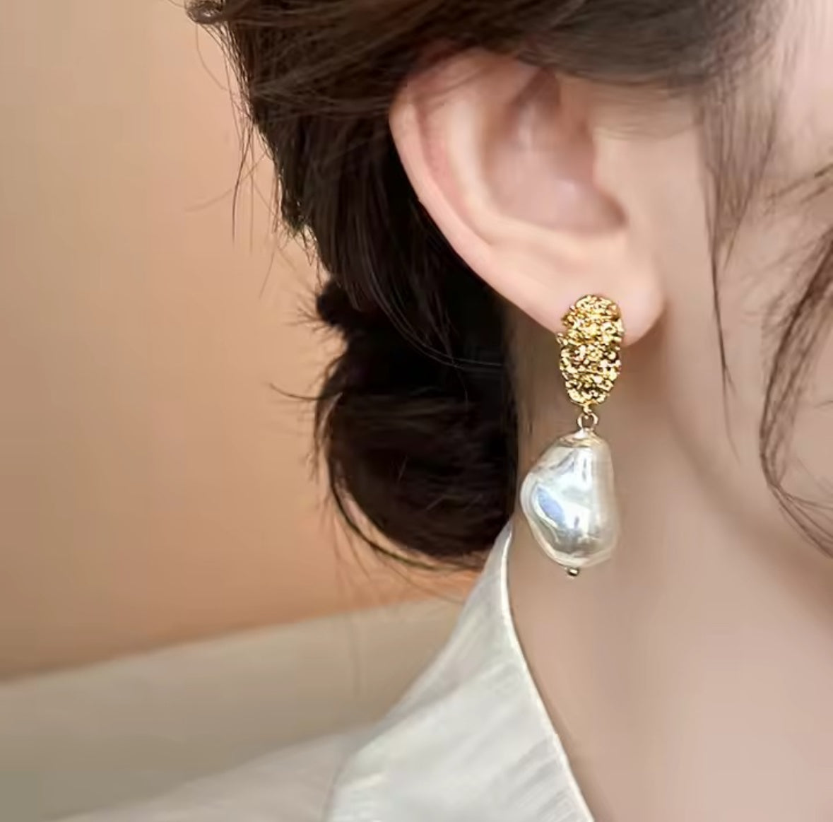 Textured Gold and Baroque Pearl Drop Earrings