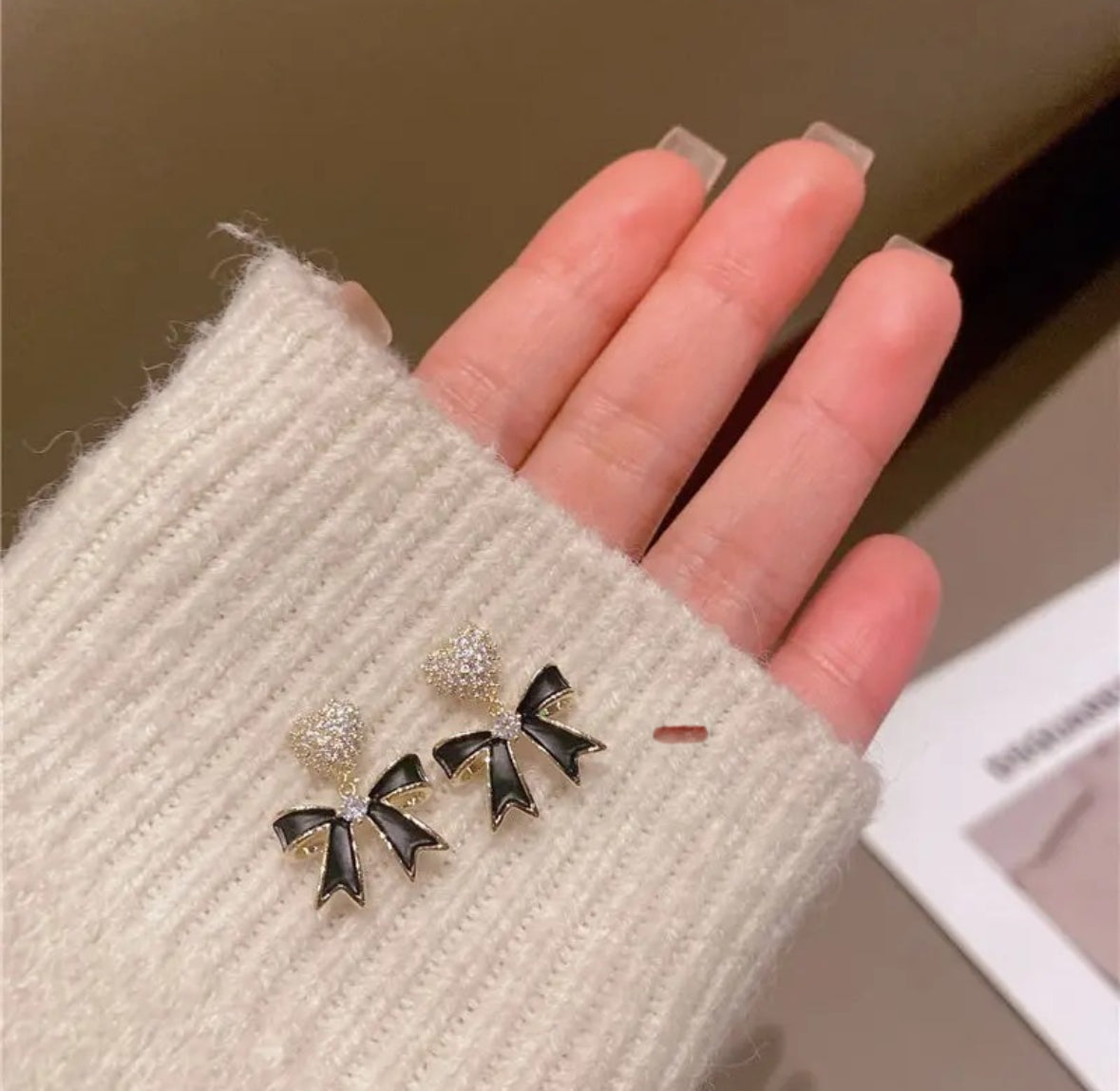 Crystal Heart & Black Bow Drop Earrings