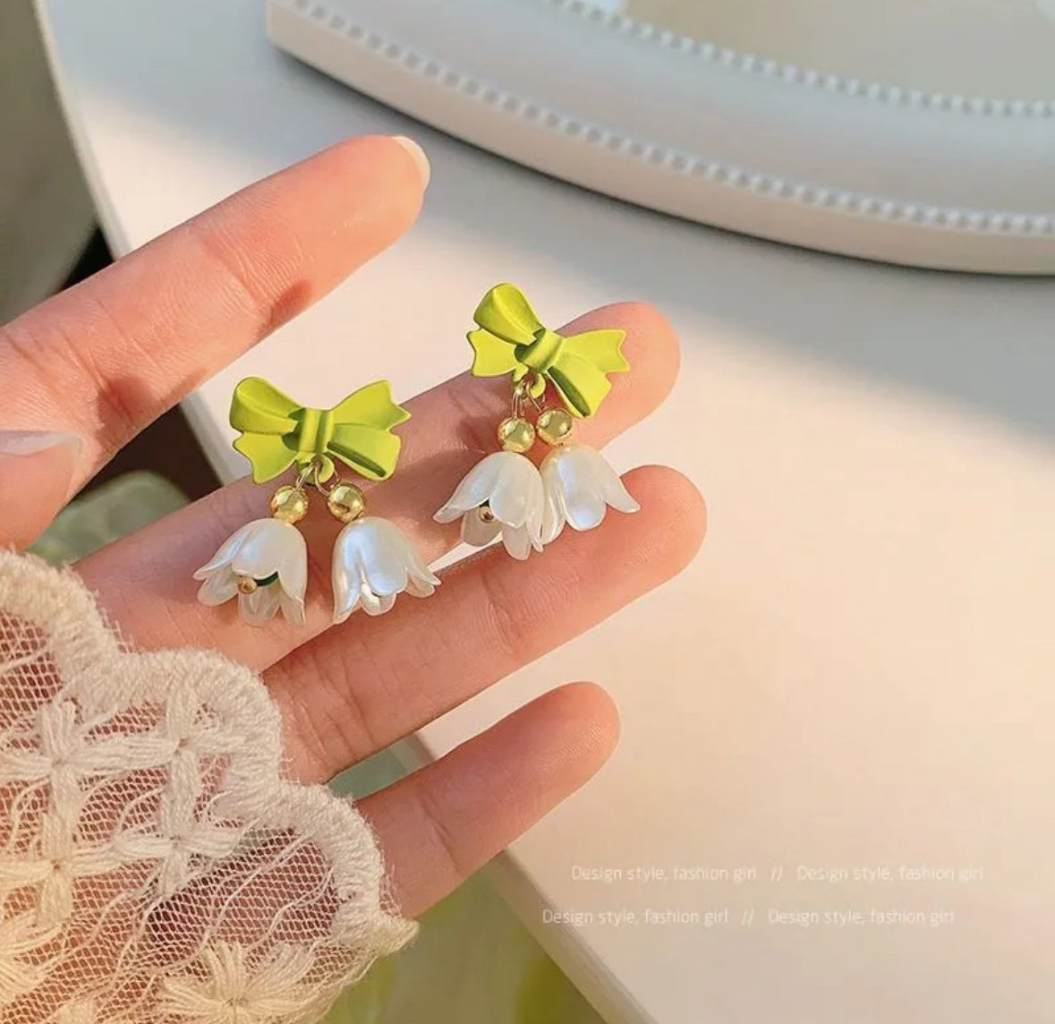 Lily of the Valley and Bow Drop Earrings