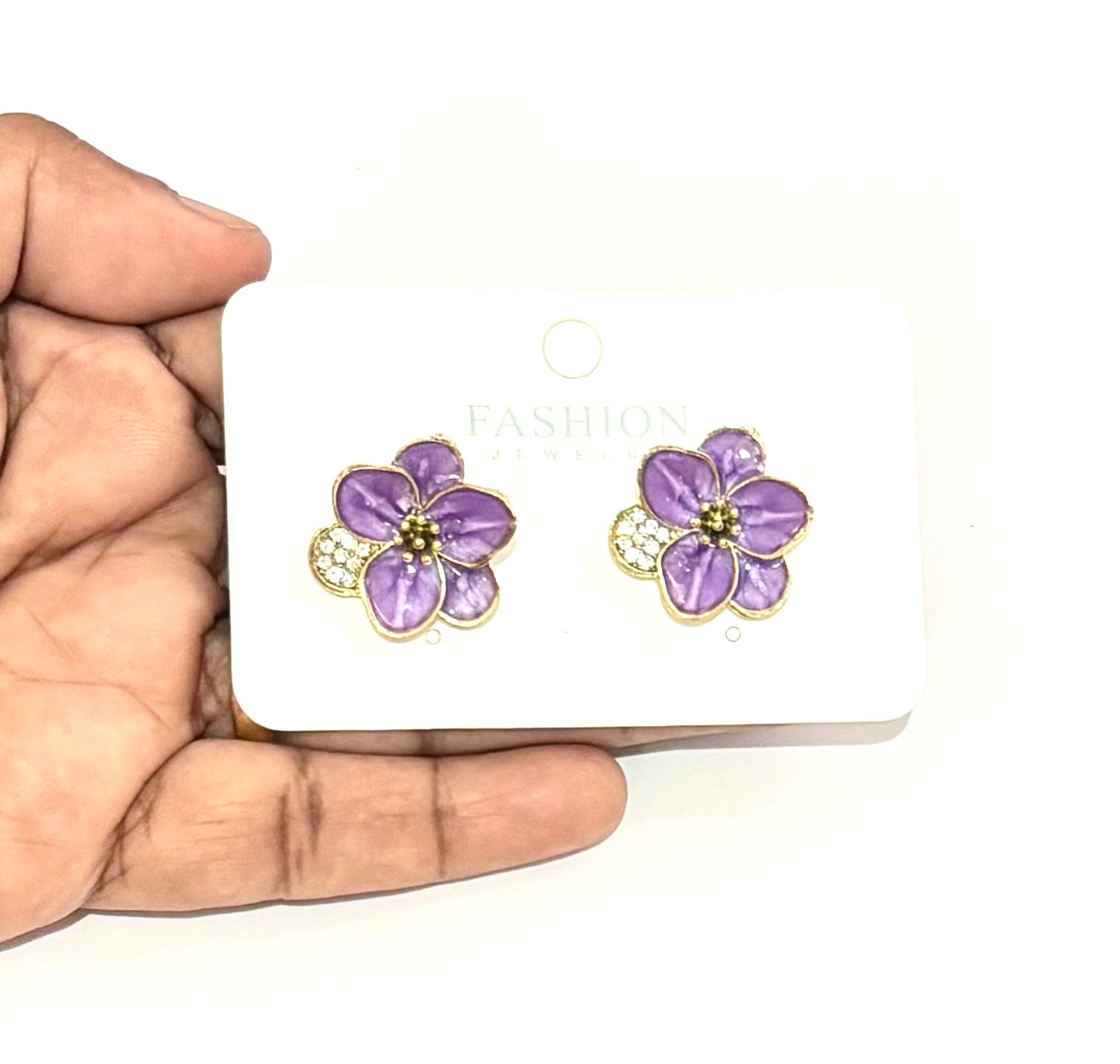 Lilac Flower Stud Earrings with Crystals