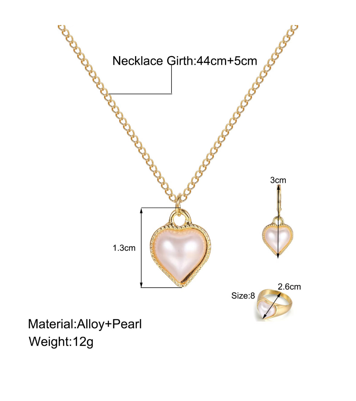 Pearl Heart Jewelry Set - Necklace, Earrings, and Finger Ring