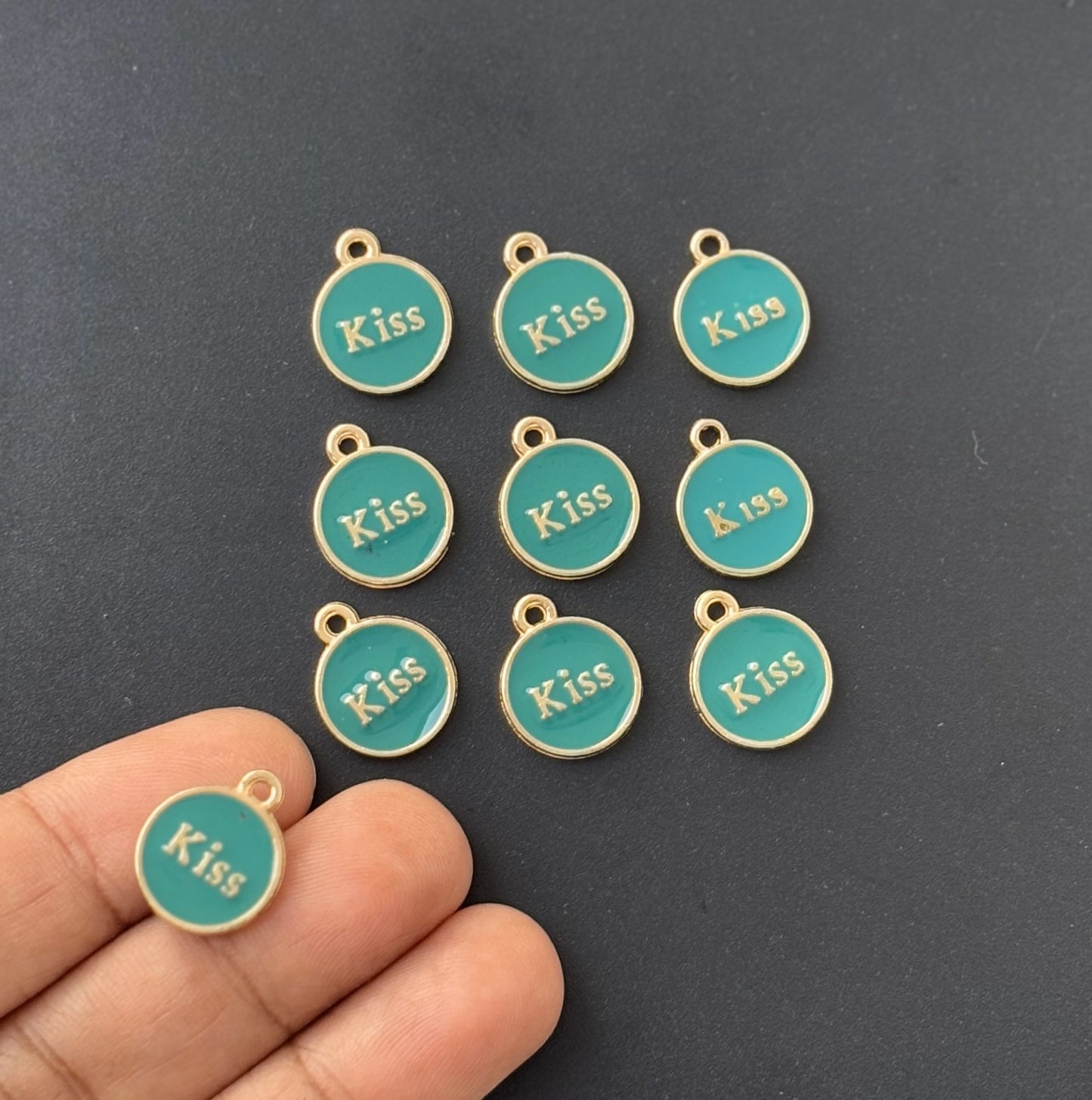 Four Pieces Enamelled Charms - Teal Green Kiss Charms