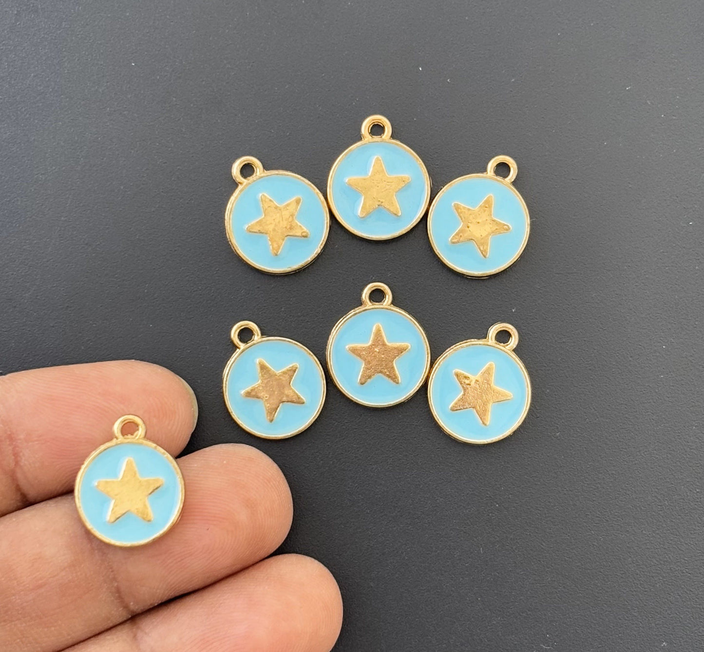 Four Pieces Enamelled Charms - Gold Star Sky Blue Charms