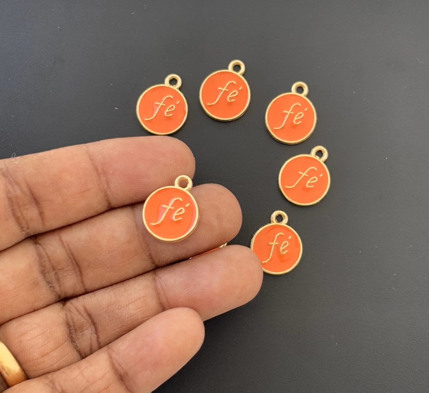 Four Pieces Enamelled Charms - Fe Meaning Faith - Orange Color