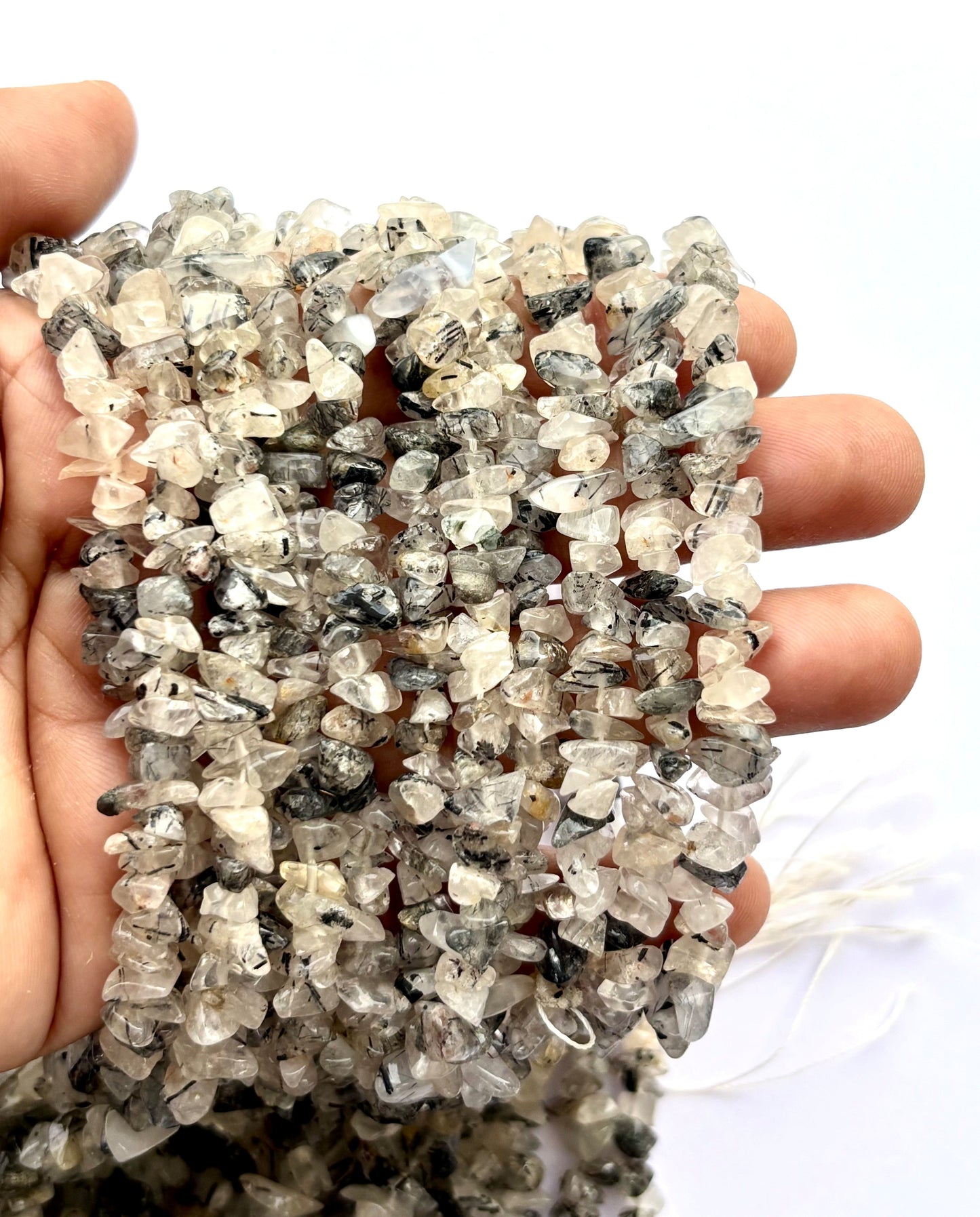 Black Tourmaline in Quartz Chip Beads - Natural Rutilated Quartz Chips