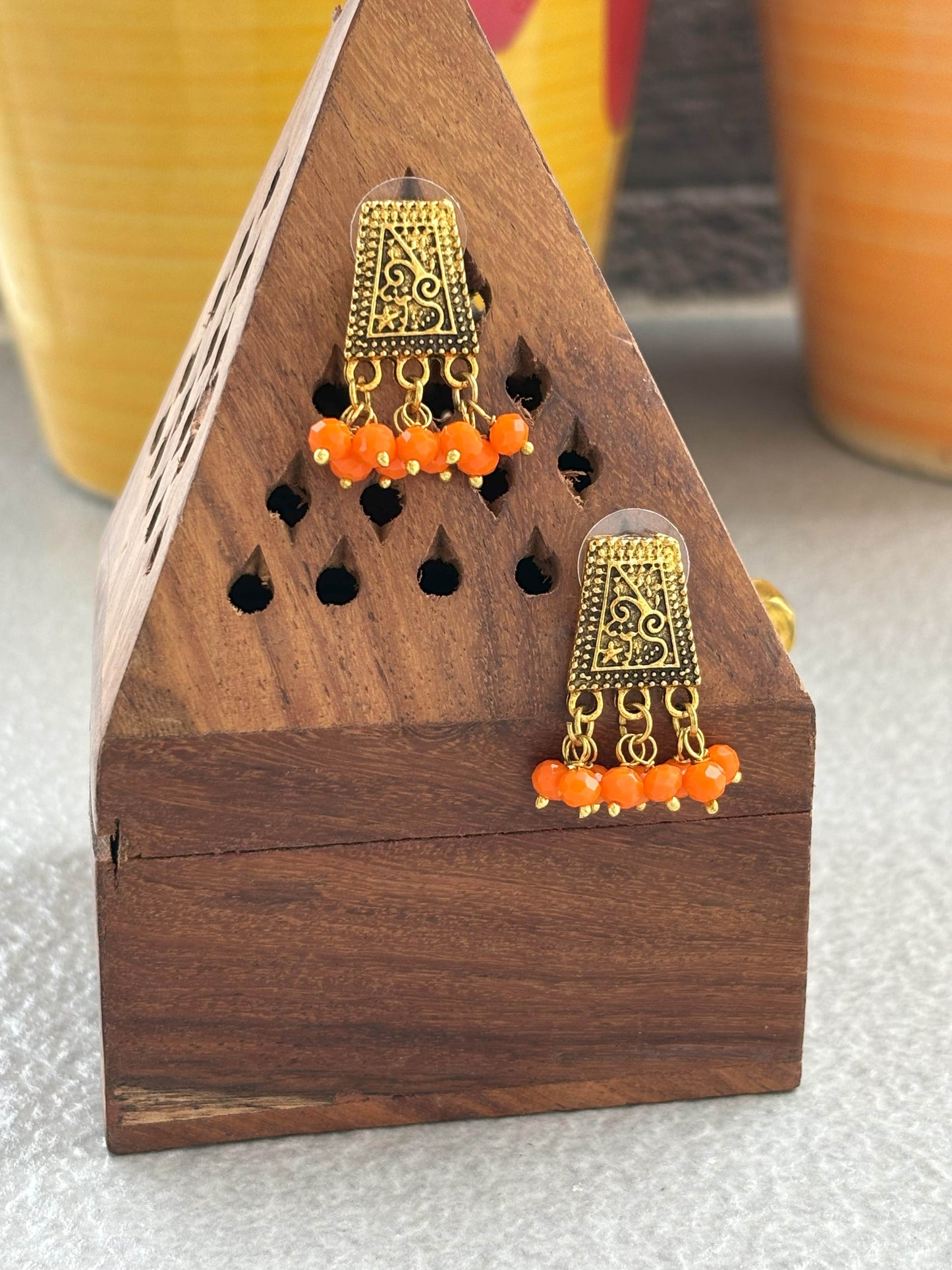 Handmade Oxidized Gold and Orange Bead Earrings