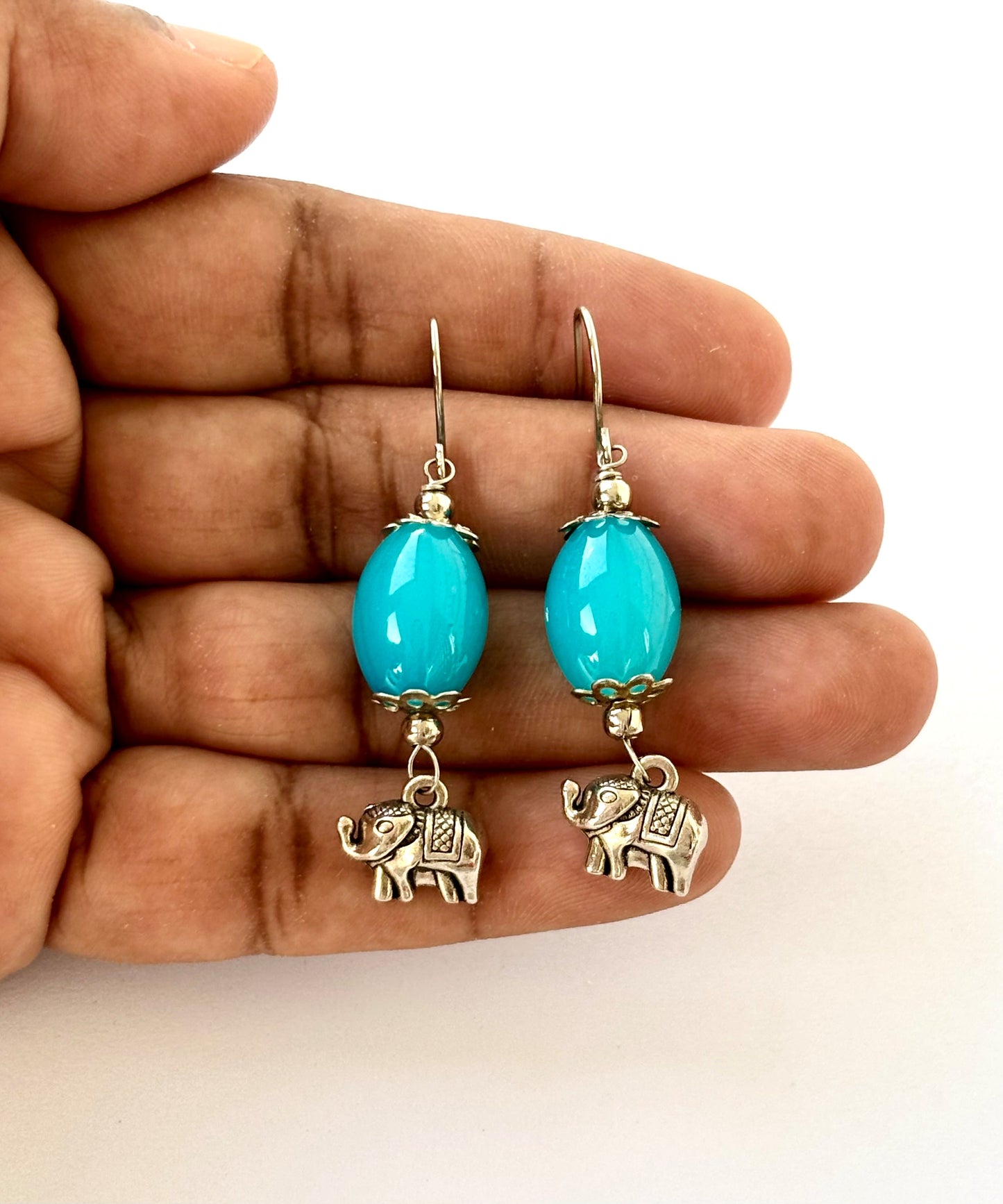 Handmade Aqua Blue Stone and Elephant Dangle Earrings