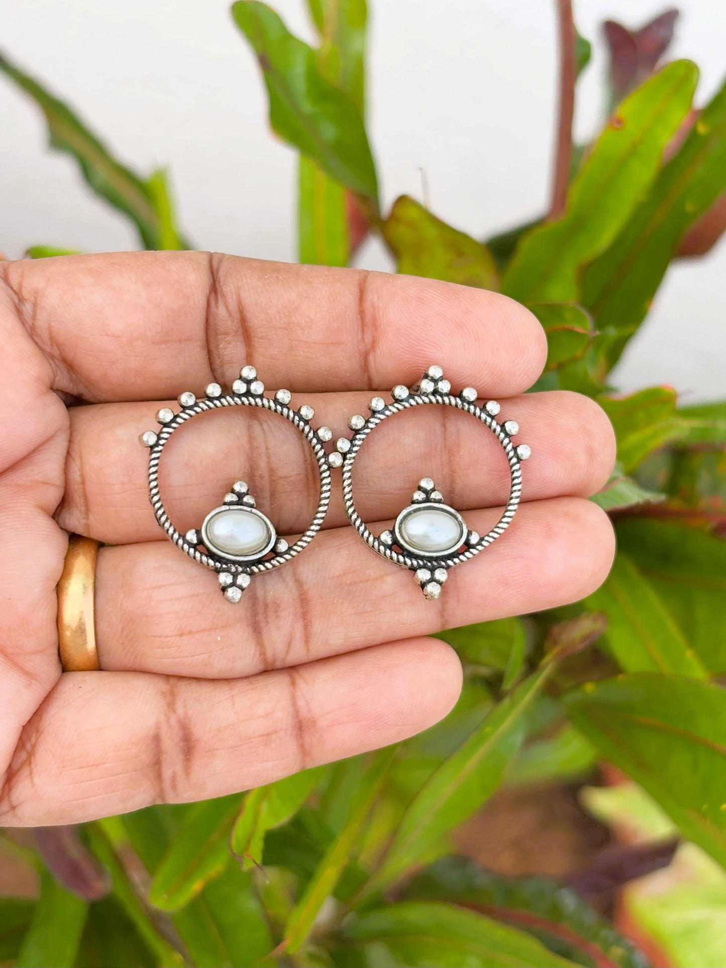 Oxidized Silver and Pearl Hoop Earrings