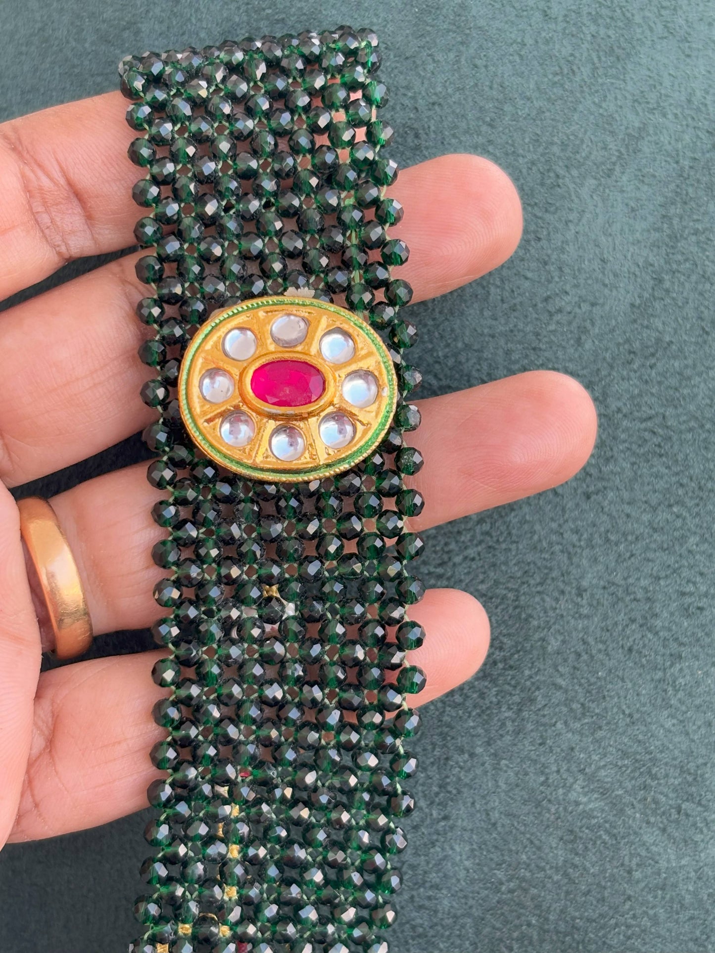 Handmade Green Beaded Choker with Kundan Stone Pendant