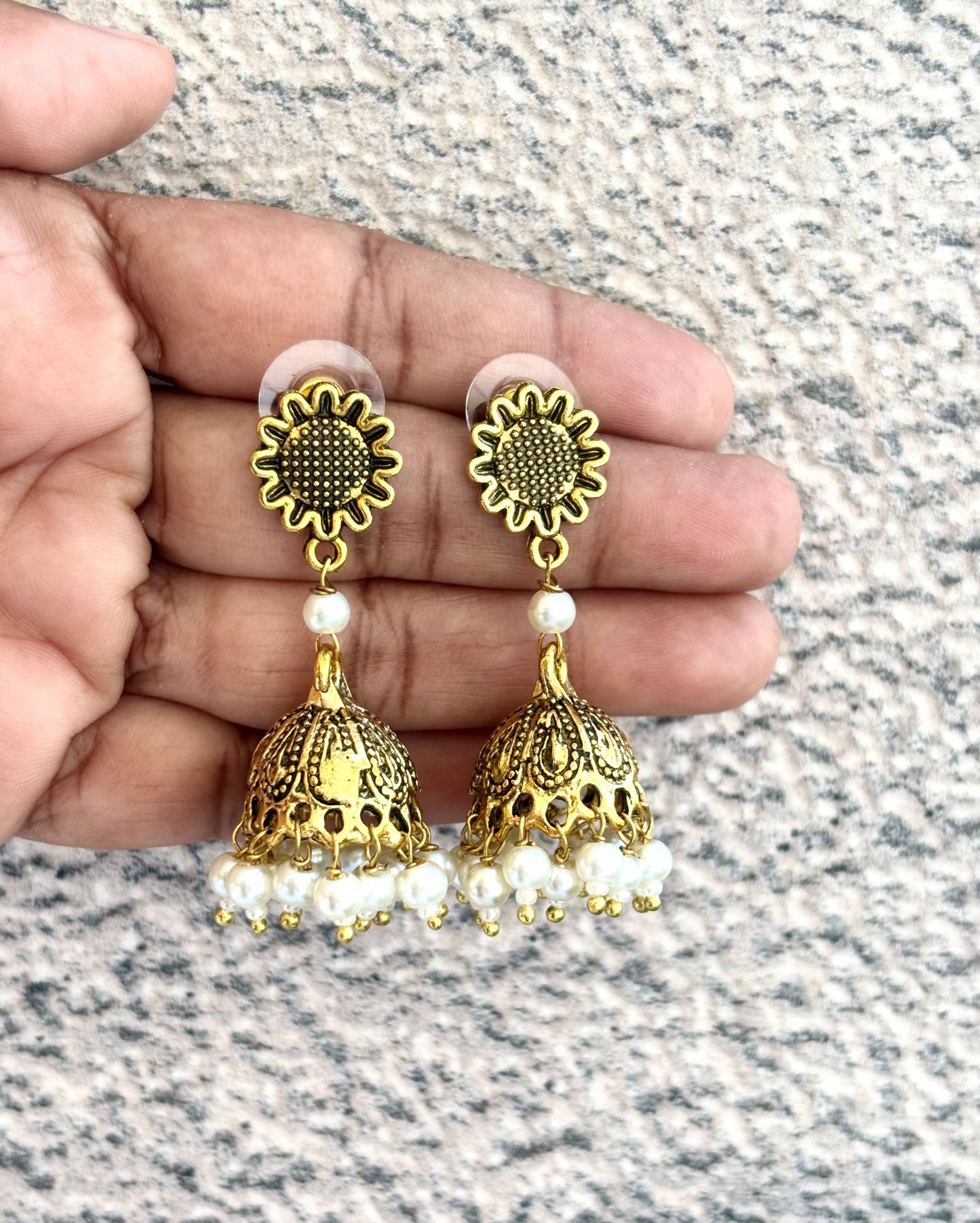 Antique Gold Jhumka Earrings with Faux Pearls