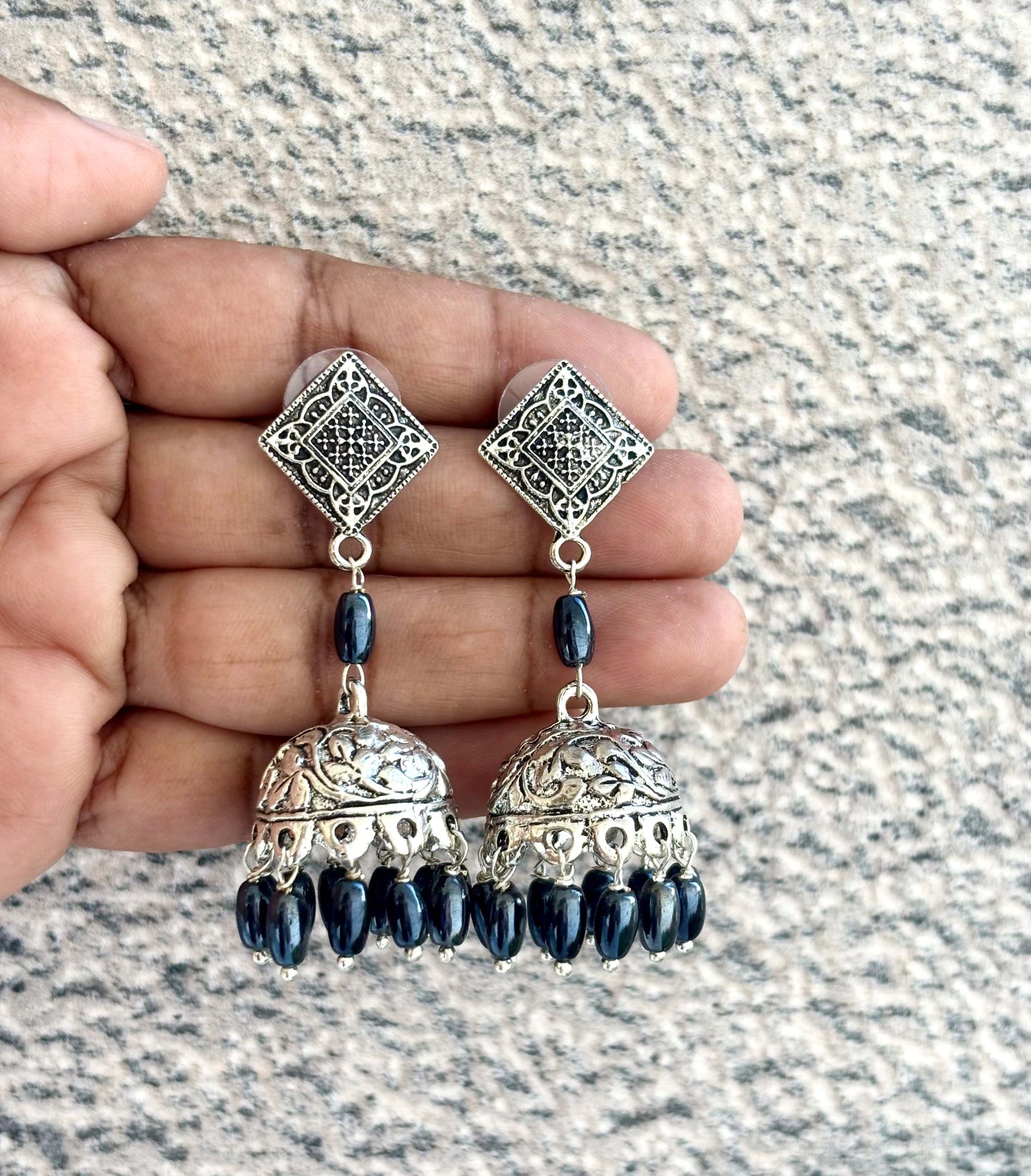 Oxidized Silver Jhumka Earrings with Black Beads