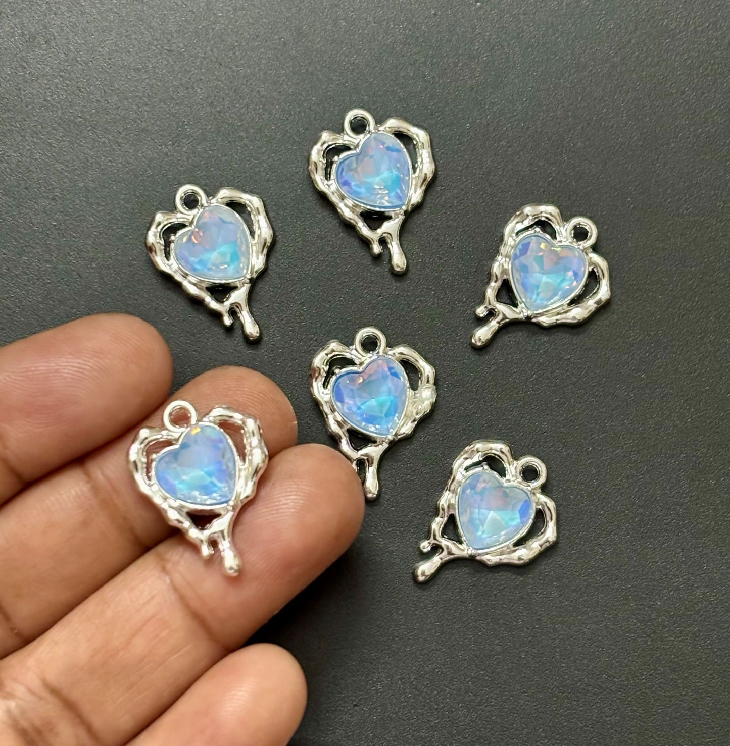 Two Pieces Silver Heart Charm with Blue Iridescent Gemstone