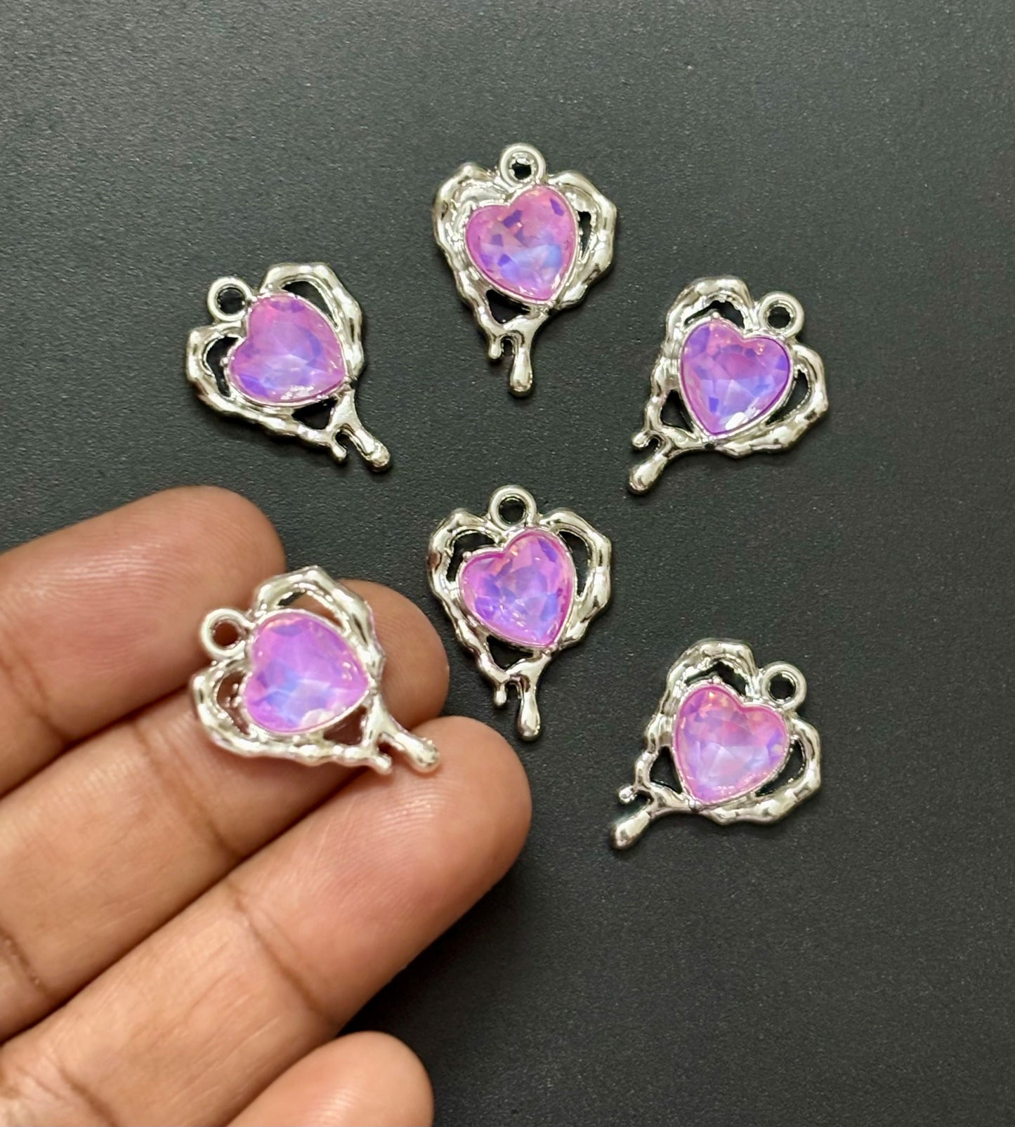 Two Pieces Silver Heart Charm with Pink Iridescent Gemstone