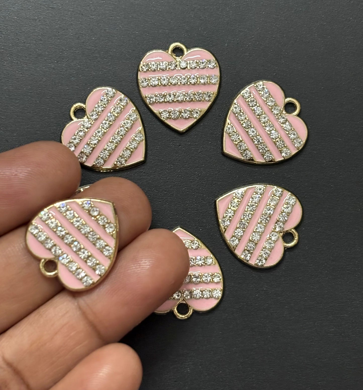 Two Pieces Pink Striped Rhinestone Heart Charms