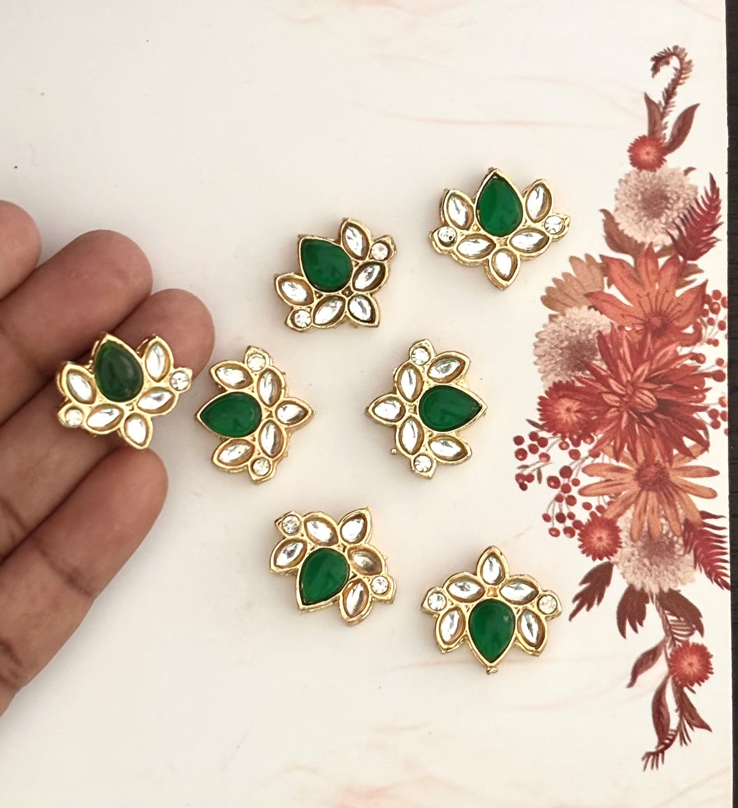 Gold Plated Lotus Green and Clear Kundan Stones