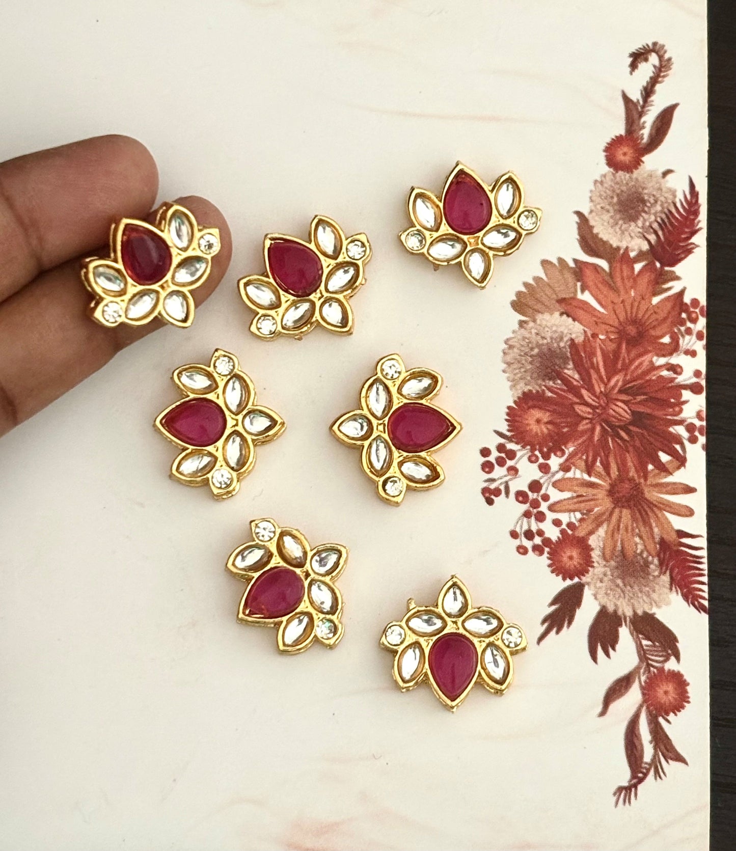 Gold Plated Lotus Ruby Red and Clear Kundan Stones