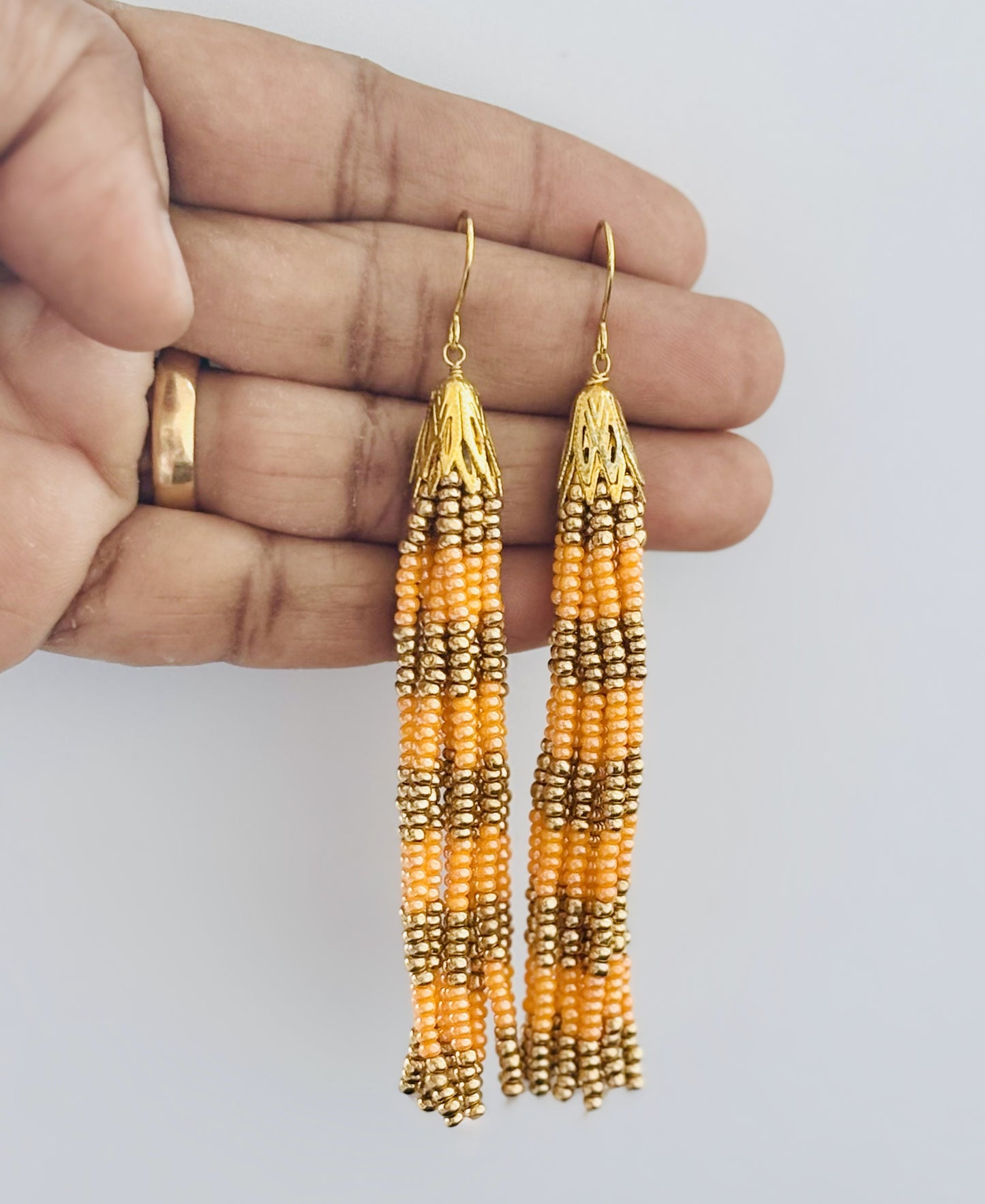 Handmade Orange and Gold Beaded Tassel Earrings