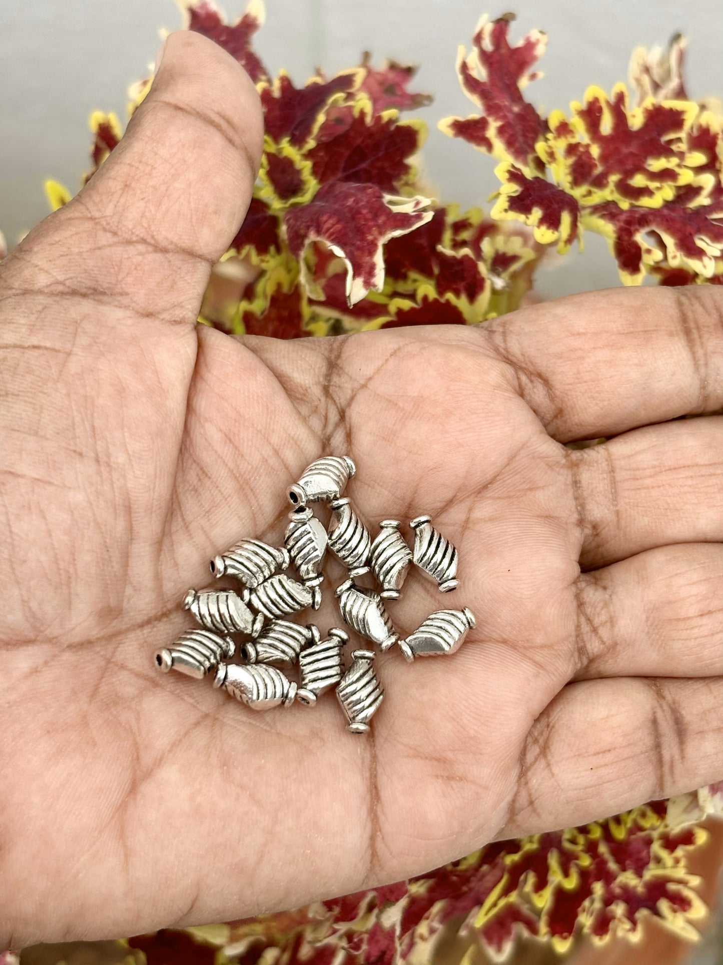 Rhombus Shaped Striped Oxidised Silver Metal Beads