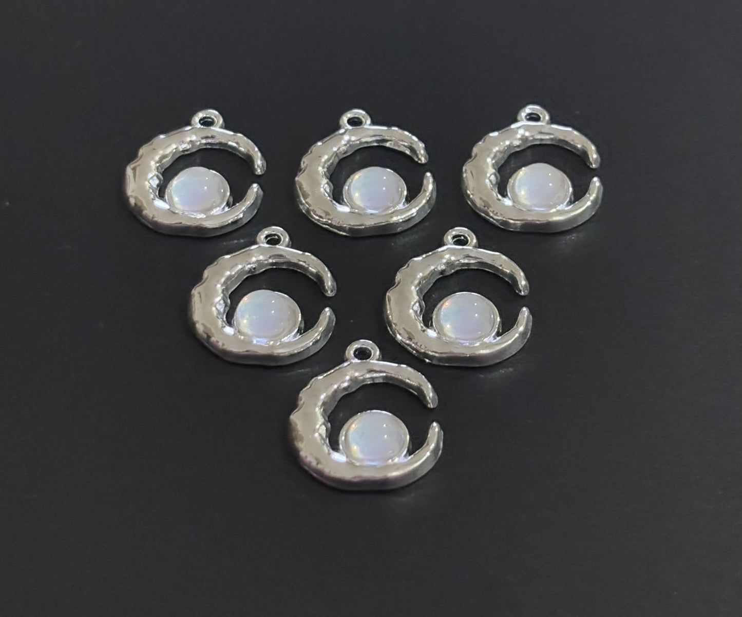 Two Pieces White Crescent Moon Charms with Iridescent Center