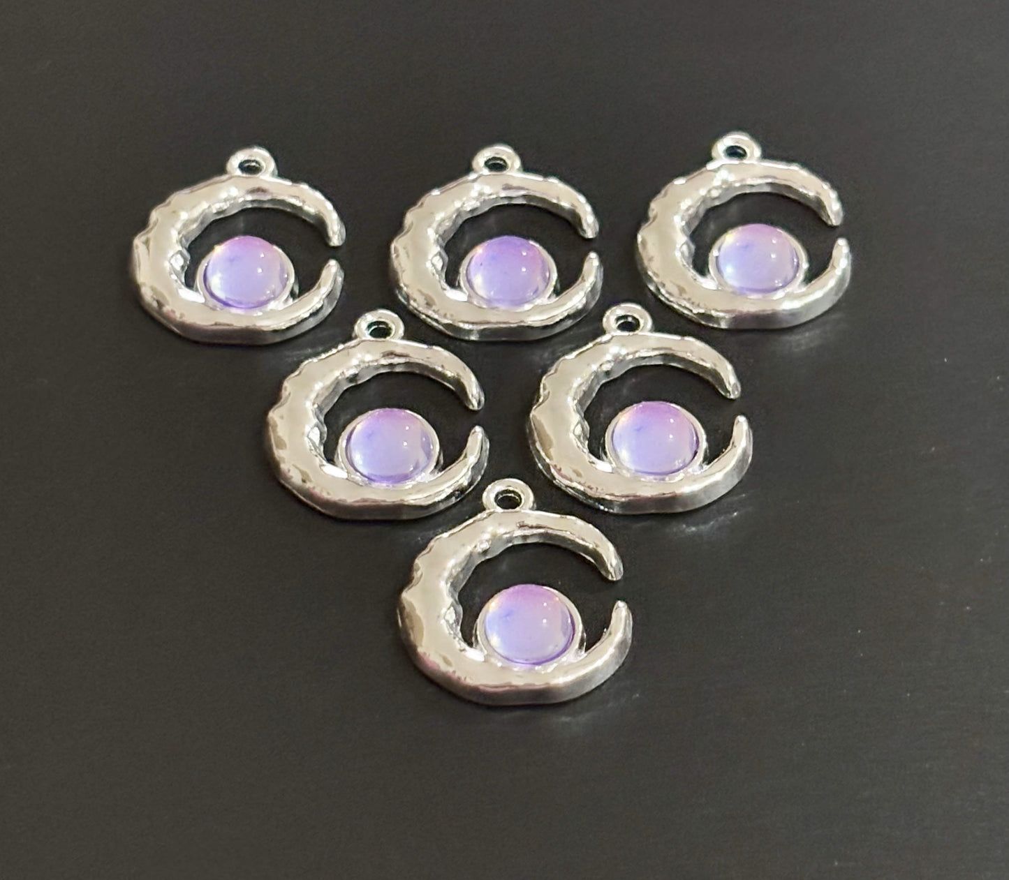 Two Pieces Lavender Crescent Moon Charms with Iridescent Center