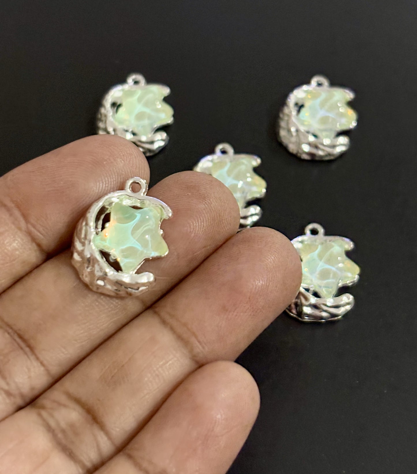 Two Pieces Pale Green Moon and Star Charms