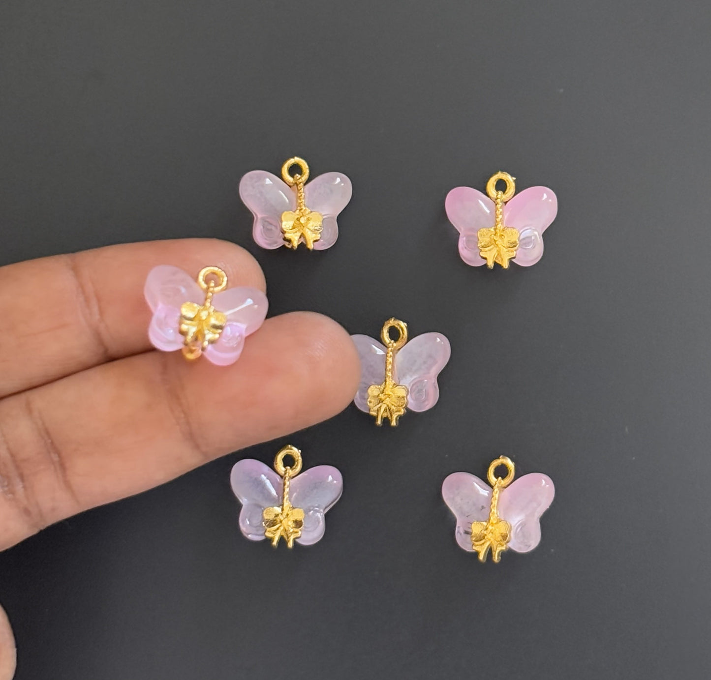 Two Pieces Iridescent Pink Butterfly Charms with Gold Trim