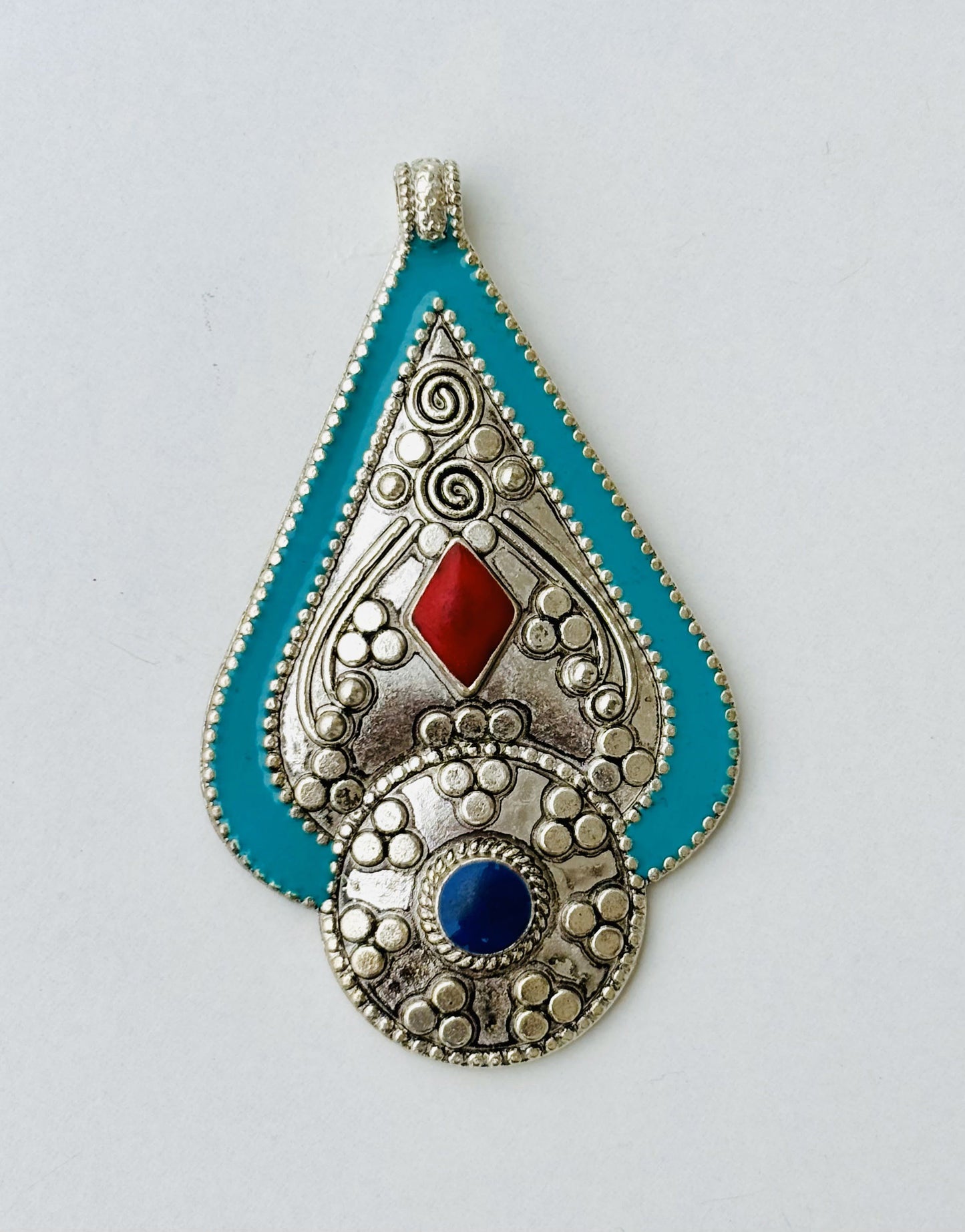 Handcrafted Afghan Pendant with Red and Blue Stones