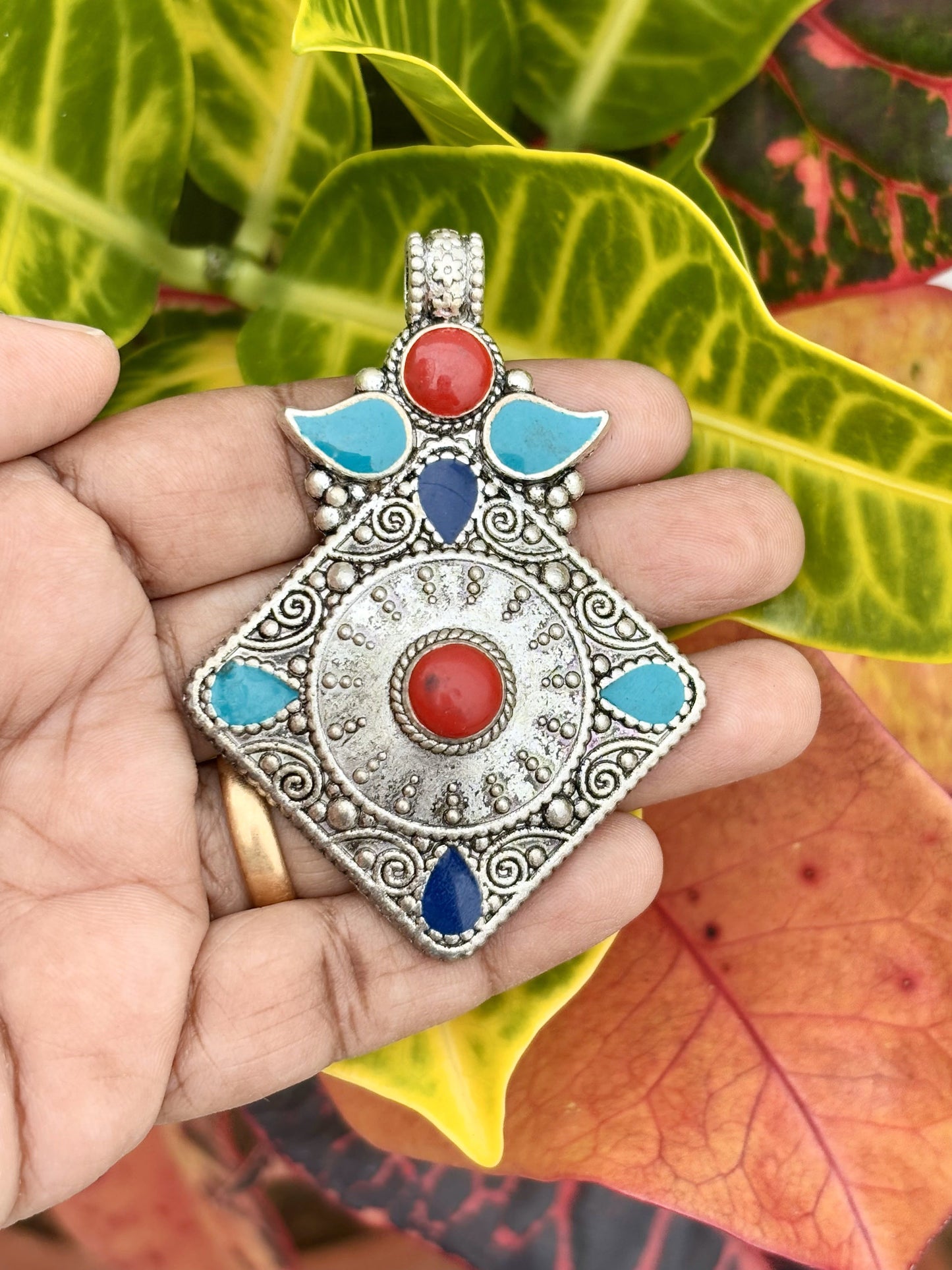 Vintage Afghan Pendant with Red and Blue Stones