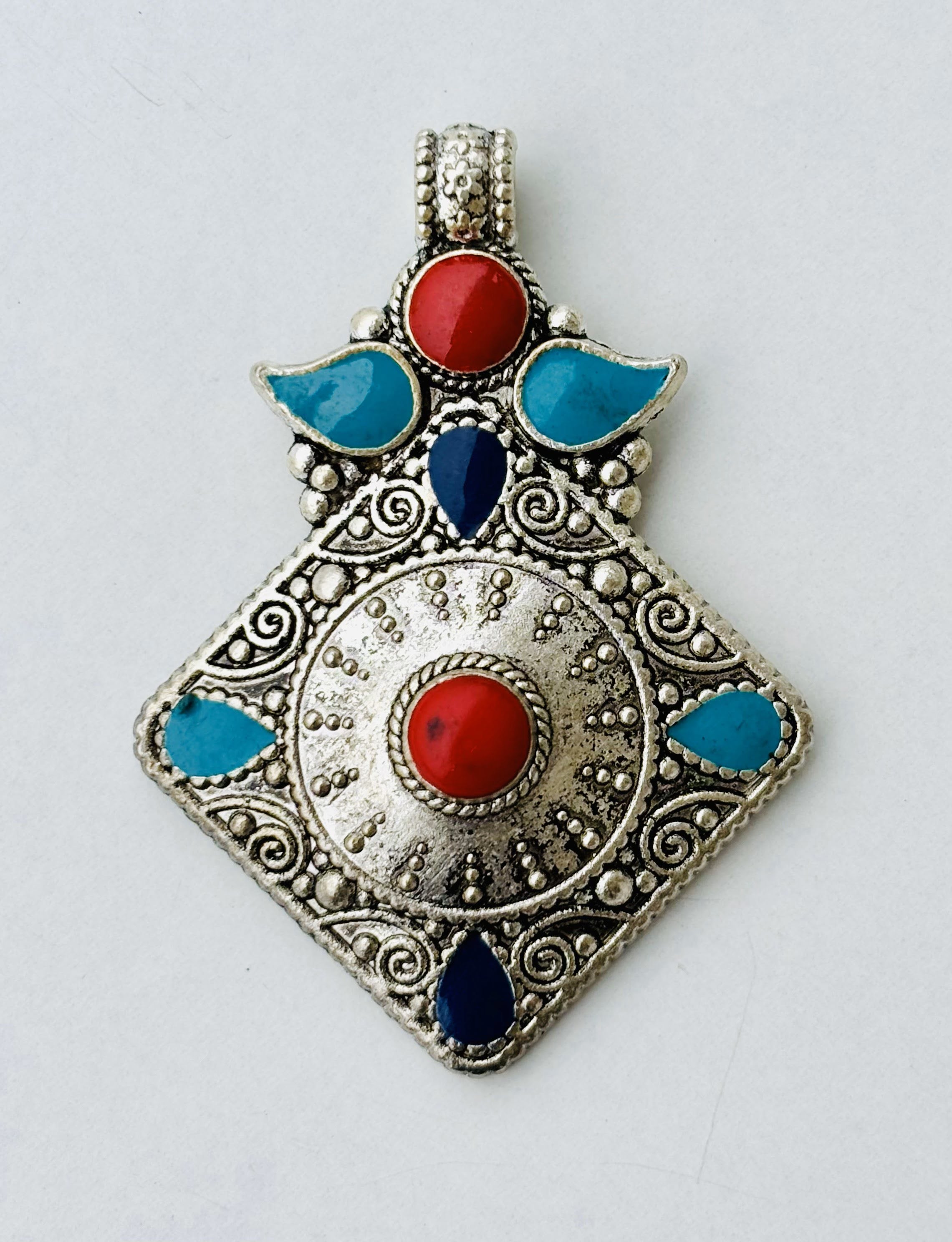 Vintage Afghan Pendant with Red and Blue Stones