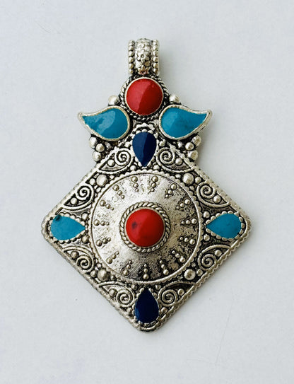 Vintage Afghan Pendant with Red and Blue Stones