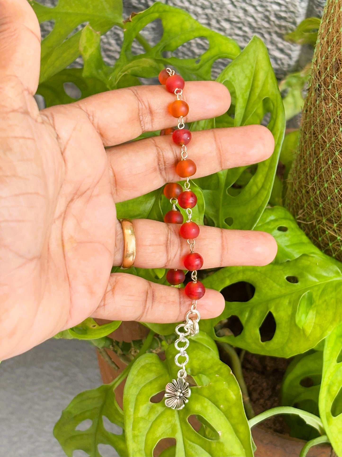 Red and Orange Frosted Glass Beaded Bracelet