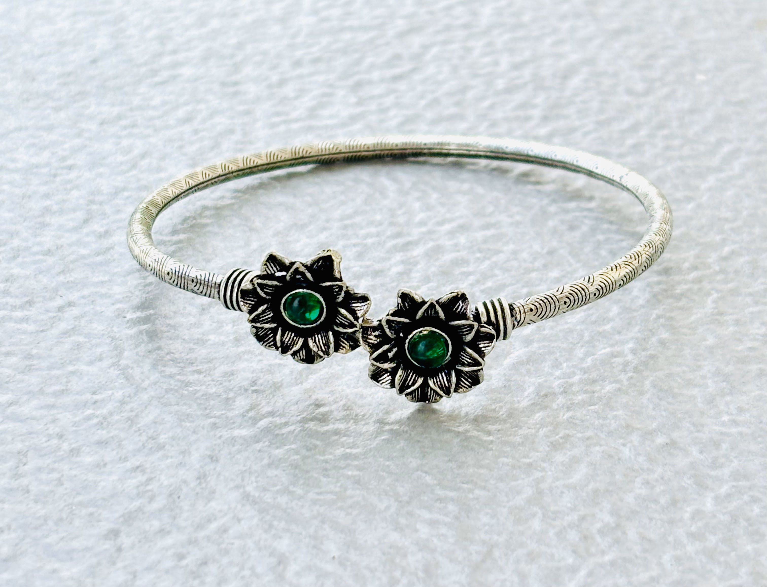 Oxidized Silver Floral Cuff Bracelet with Green Stone