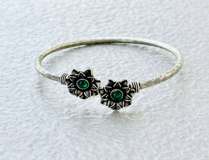 Oxidized Silver Floral Cuff Bracelet with Green Stone