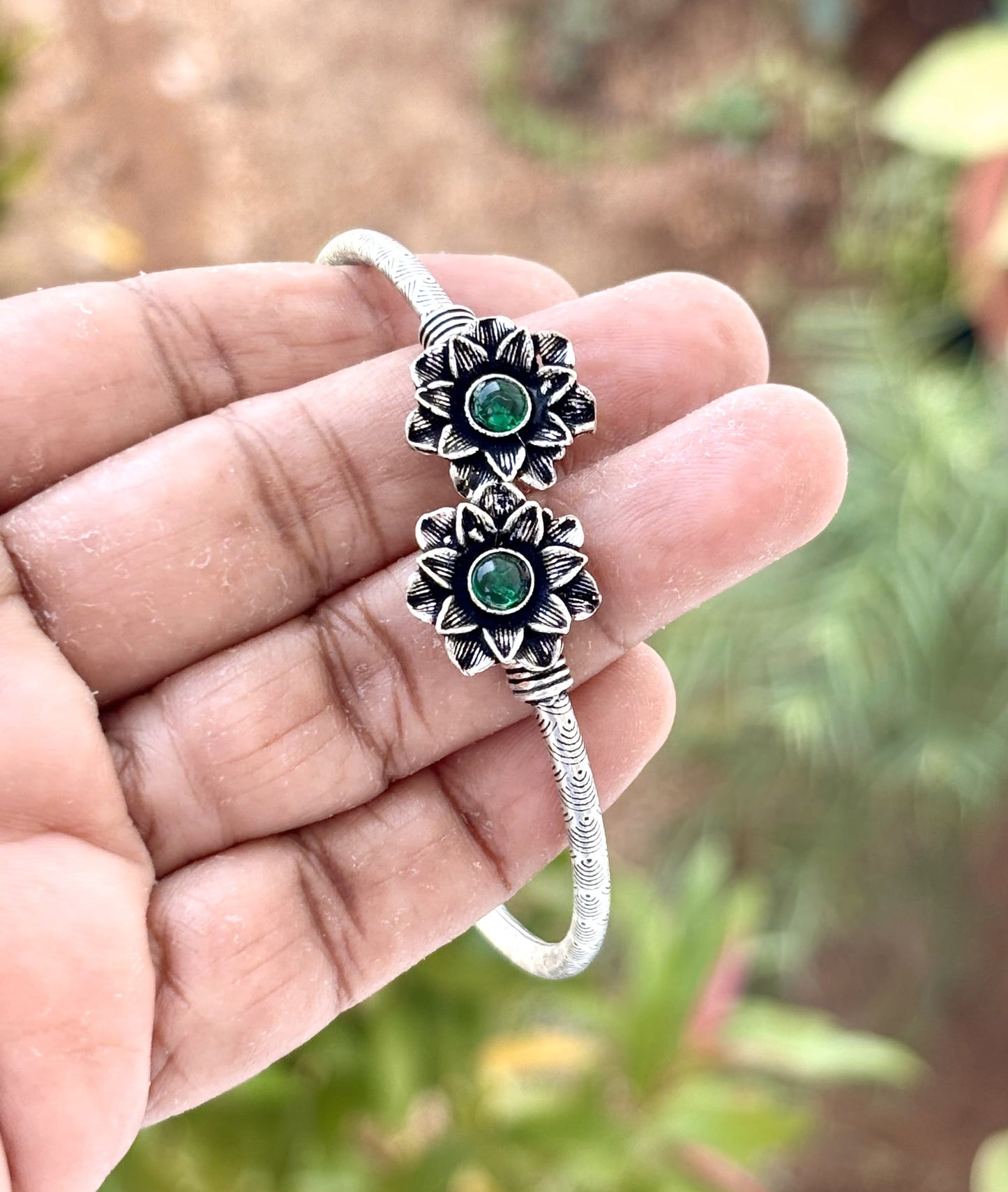 Oxidized Silver Floral Cuff Bracelet with Green Stone