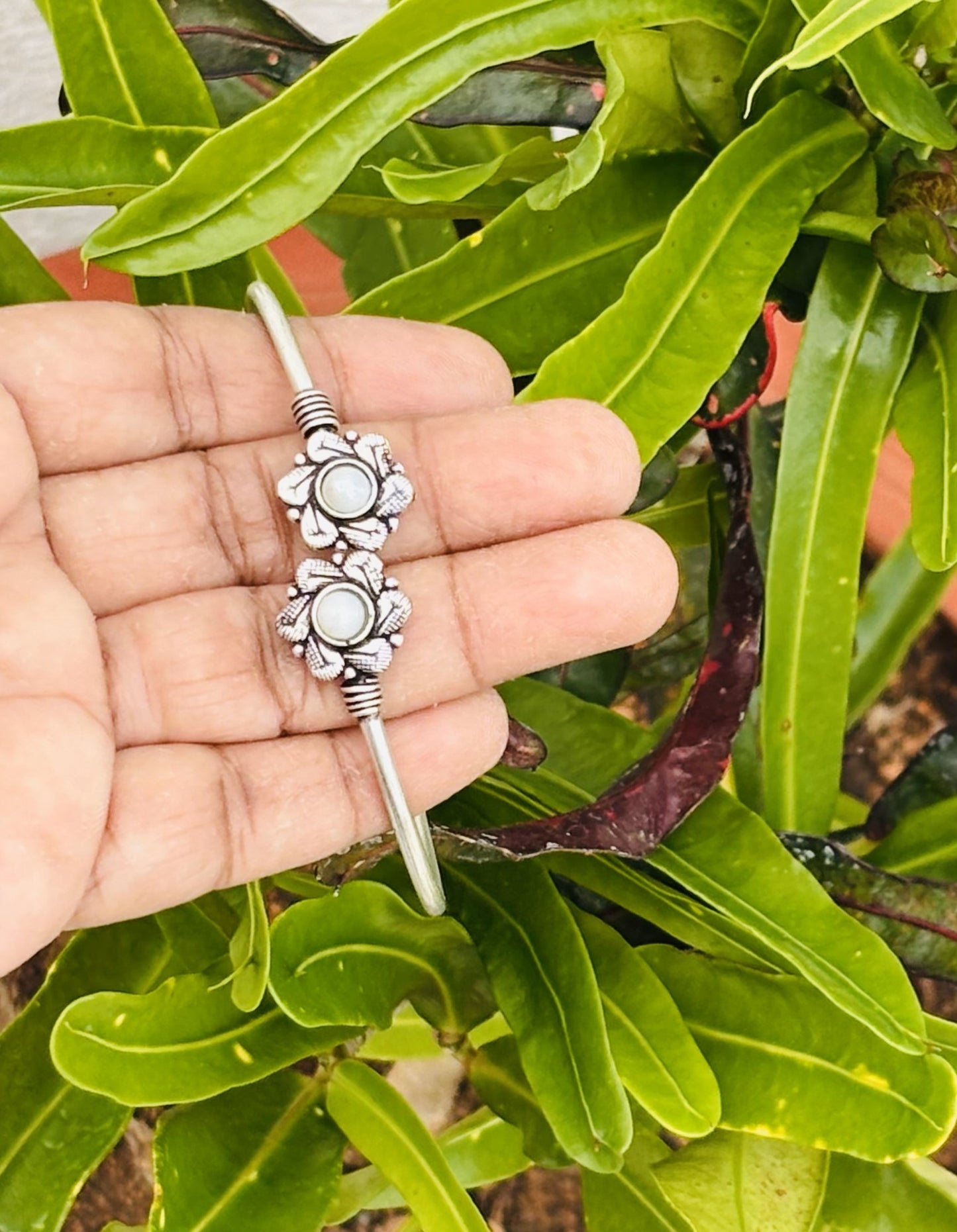 Oxidized Silver Floral Cuff Bracelet with Pearl