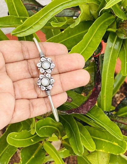 Oxidized Silver Floral Cuff Bracelet with Pearl