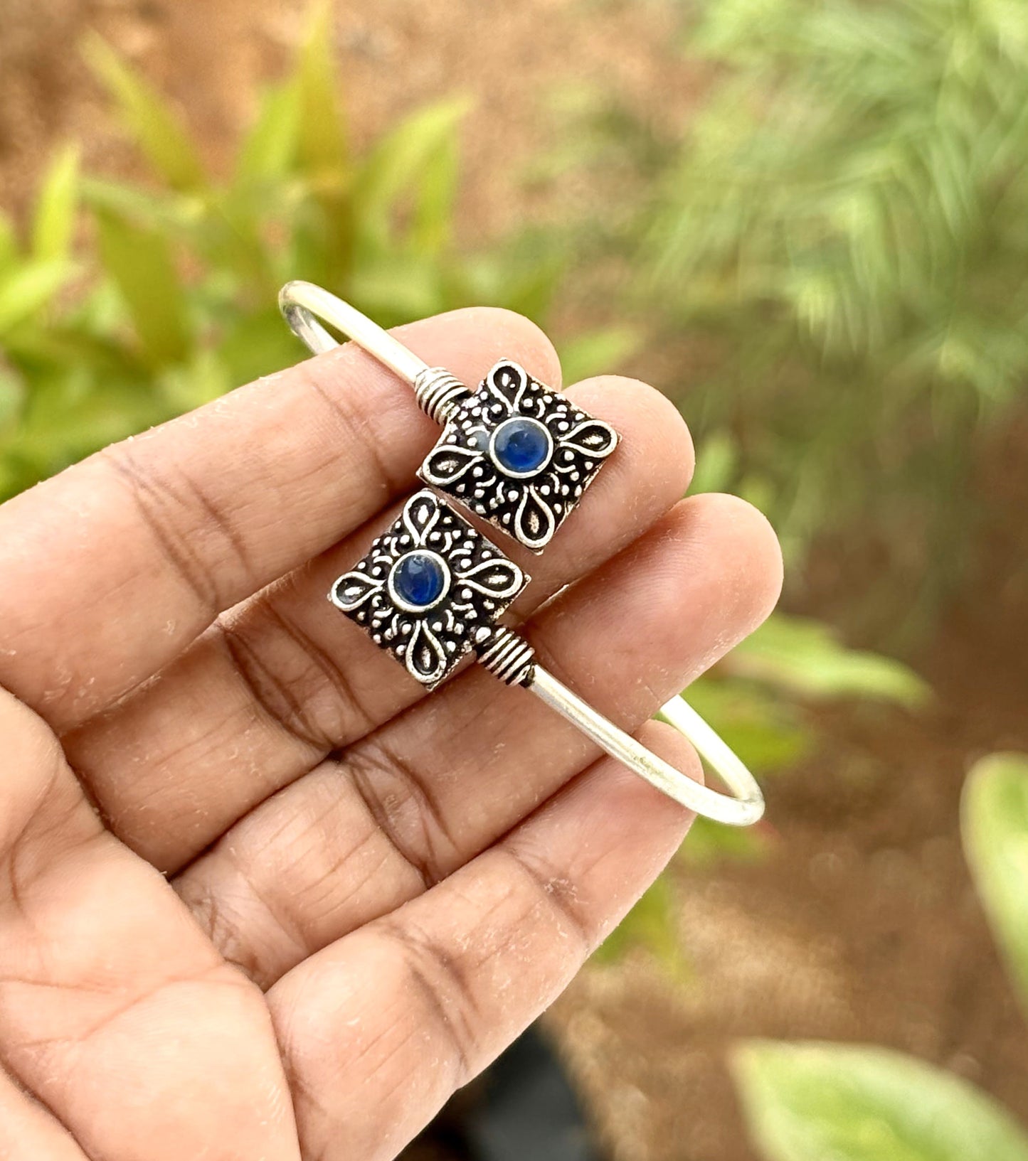 Oxidized Silver Bracelet with Blue Stone