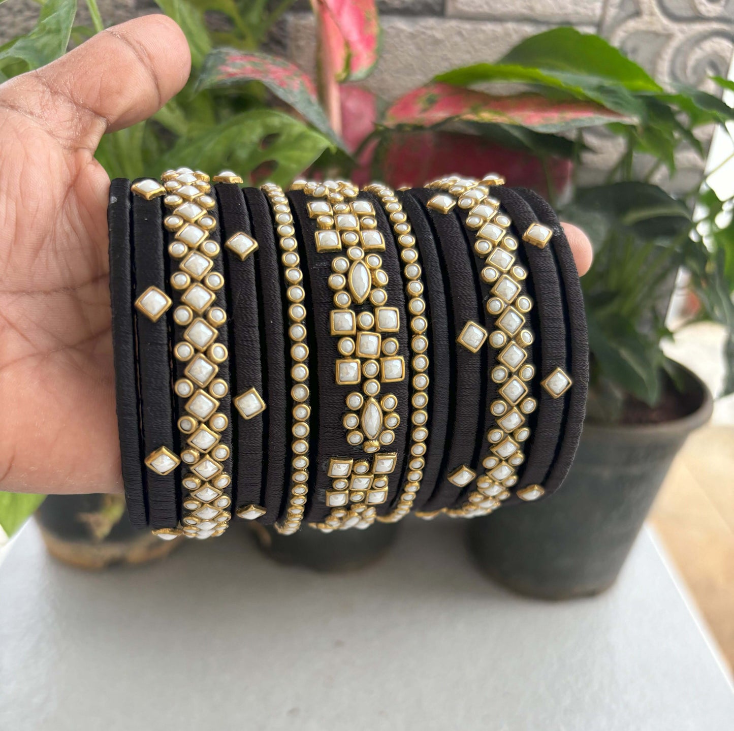 Handmade Black Silk Thread Bangle Set with Kundan and Pearl Work