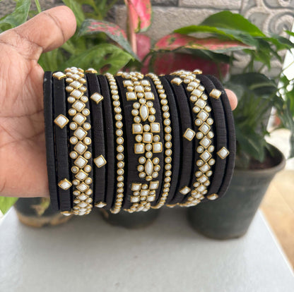Handmade Black Silk Thread Bangle Set with Kundan and Pearl Work