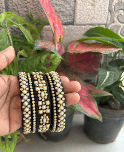 Handmade Black Silk Thread Bangle Set with Kundan and Pearl Work