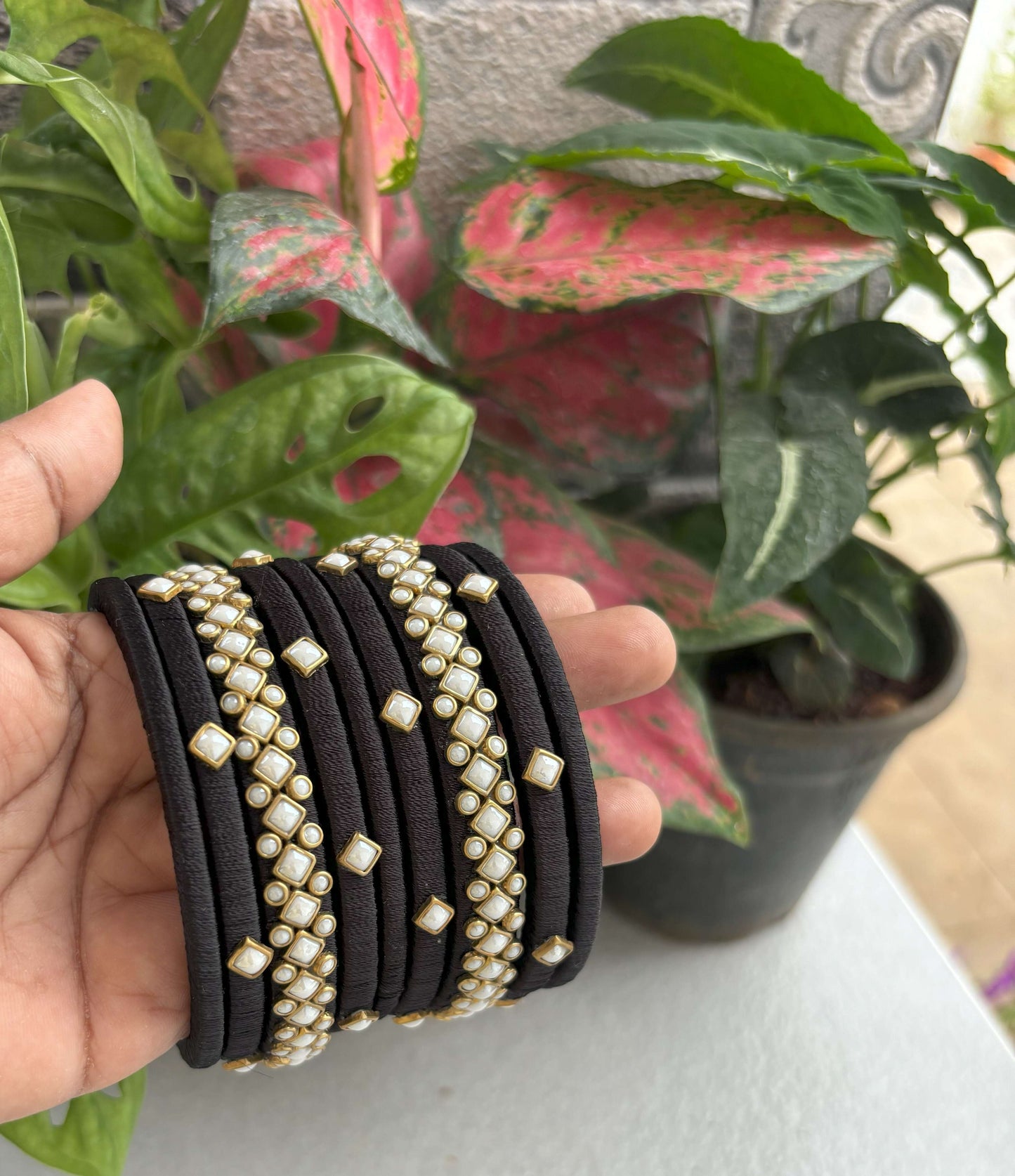 Handmade Black Silk Thread Bangle Set with Kundan and Pearl Work
